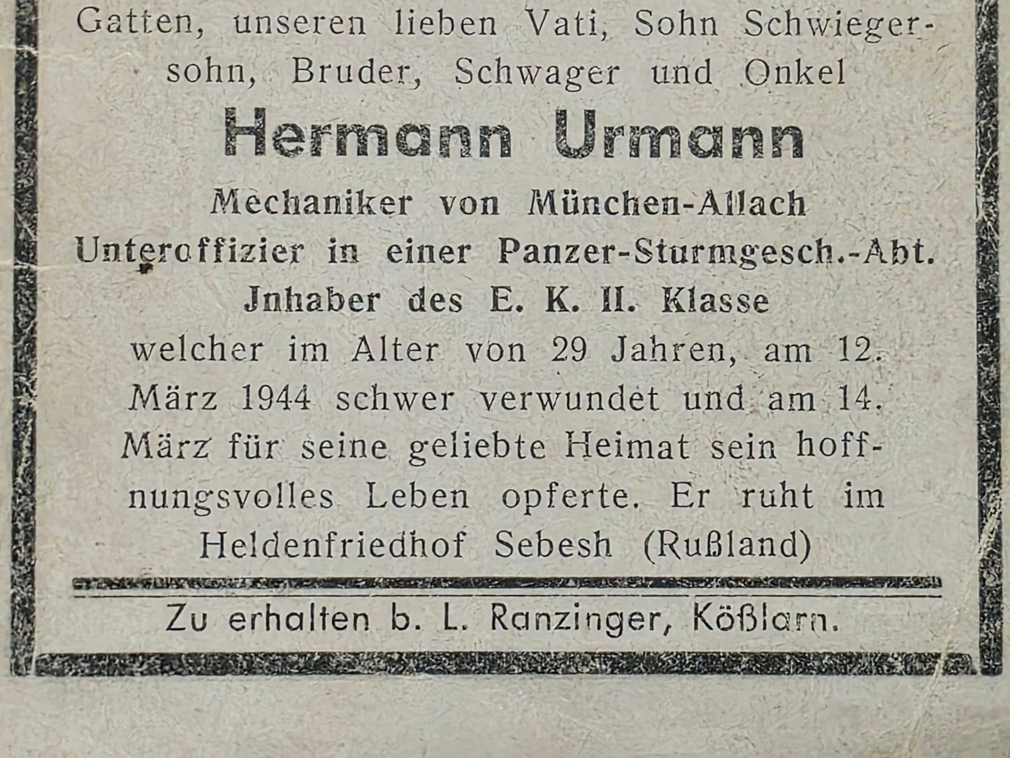 Sterbebild Unteroffizier Bayerbach Sturmgeschütz-Abt. Sebesh Russland