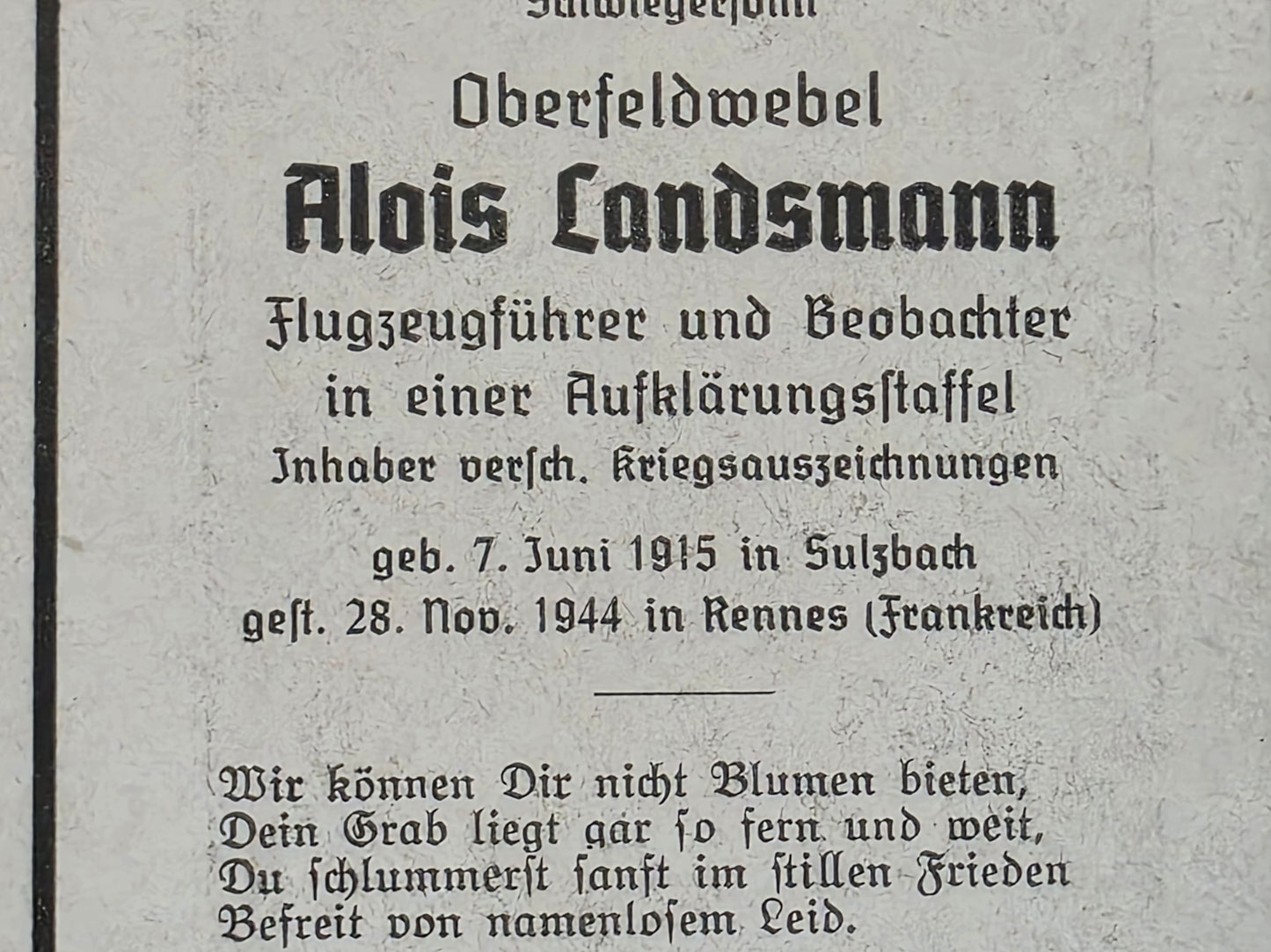 Sterbebild Oberfelwebel Sulzbach Pilot 3./NAGr-13 DKiG Evreux Rennes Frankreich