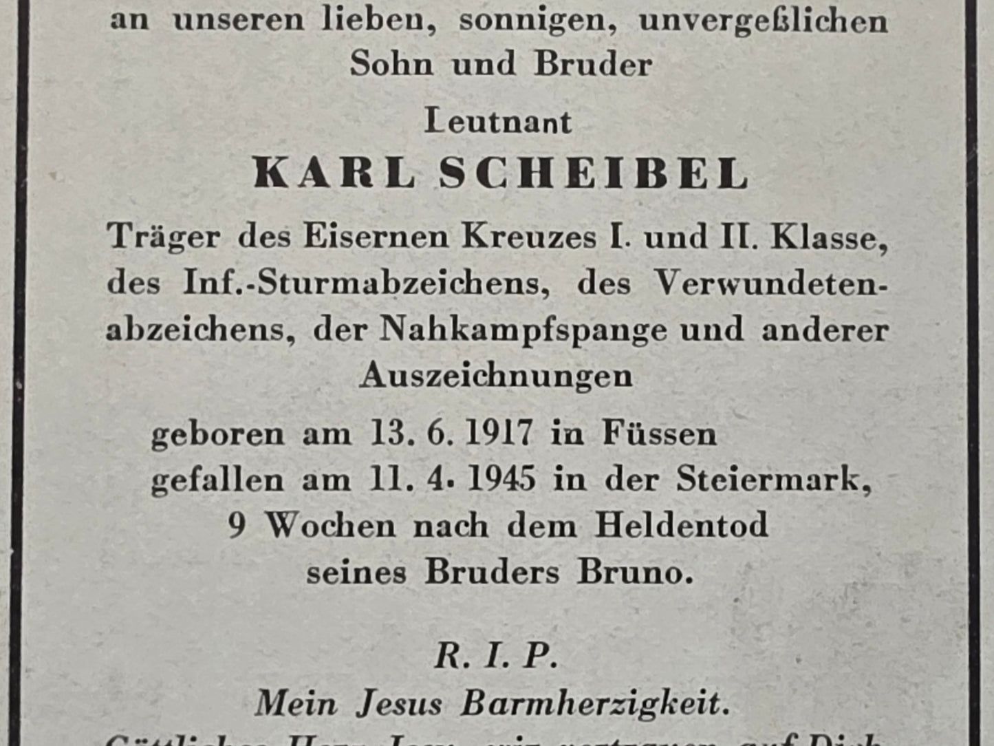 Sterbebild Leutnant Füssen Gebirgsjäger Regt. NKS Endkampf Steiermark Österreich