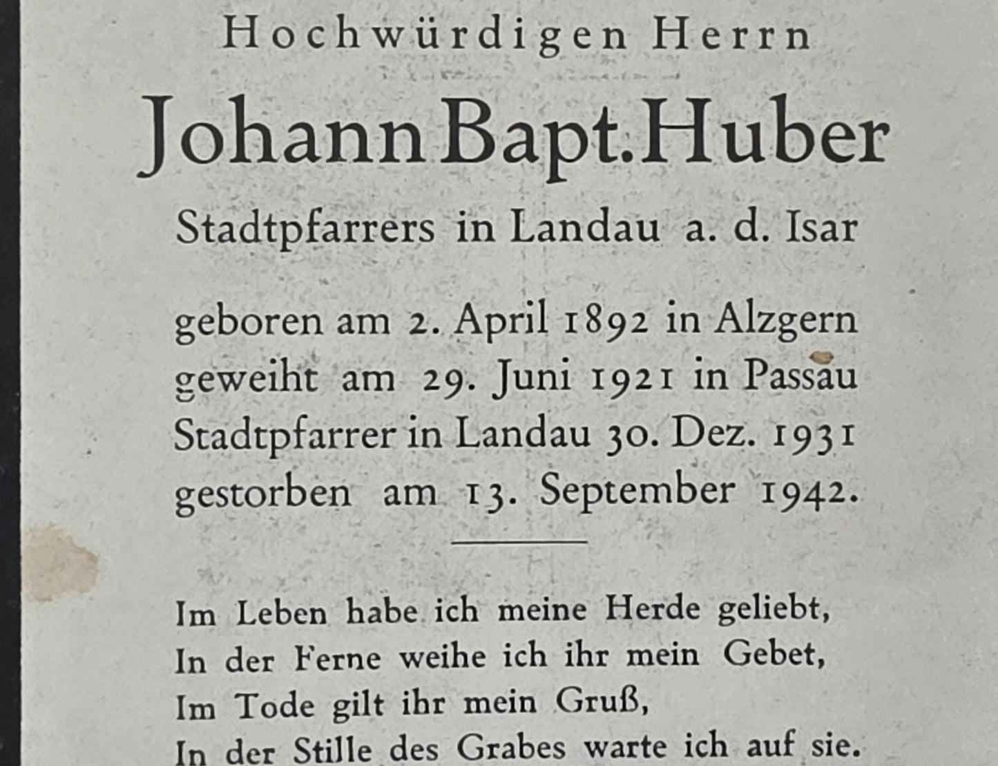 Sterbebild Soldat Alzgern Pfarrer in Landau viele Auszeichnungen
