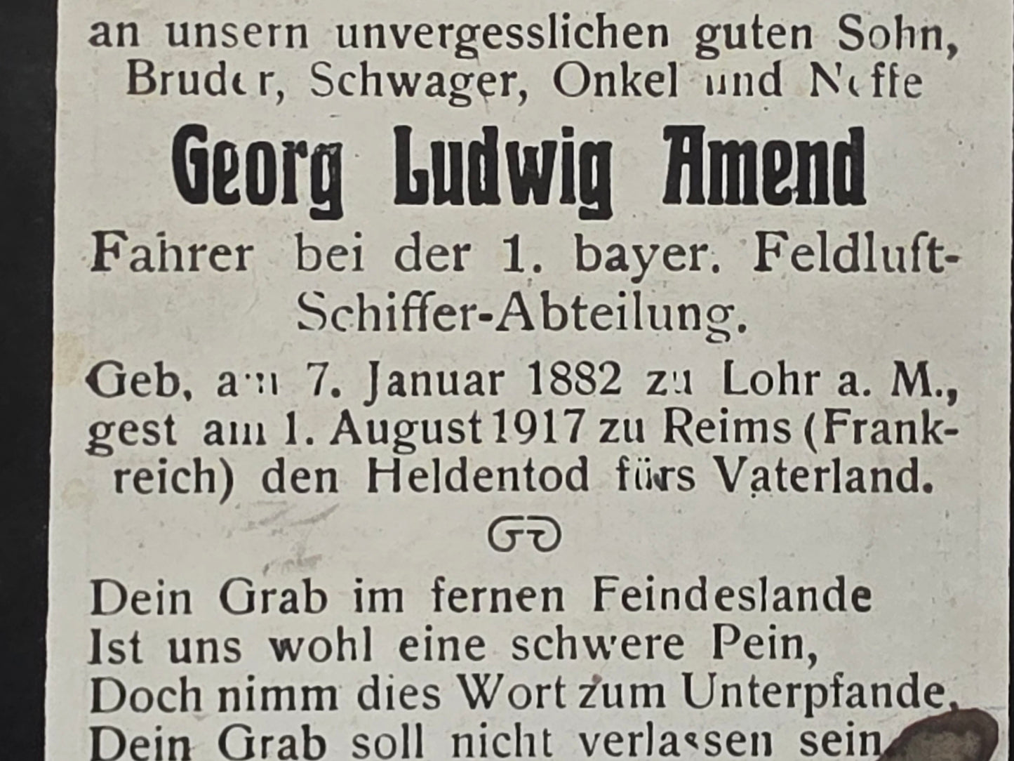 Sterbebild Fahrer Lohr 1. Bay. Luftschiff-Abt. Ballon-Zug 219 Reims Frankreich