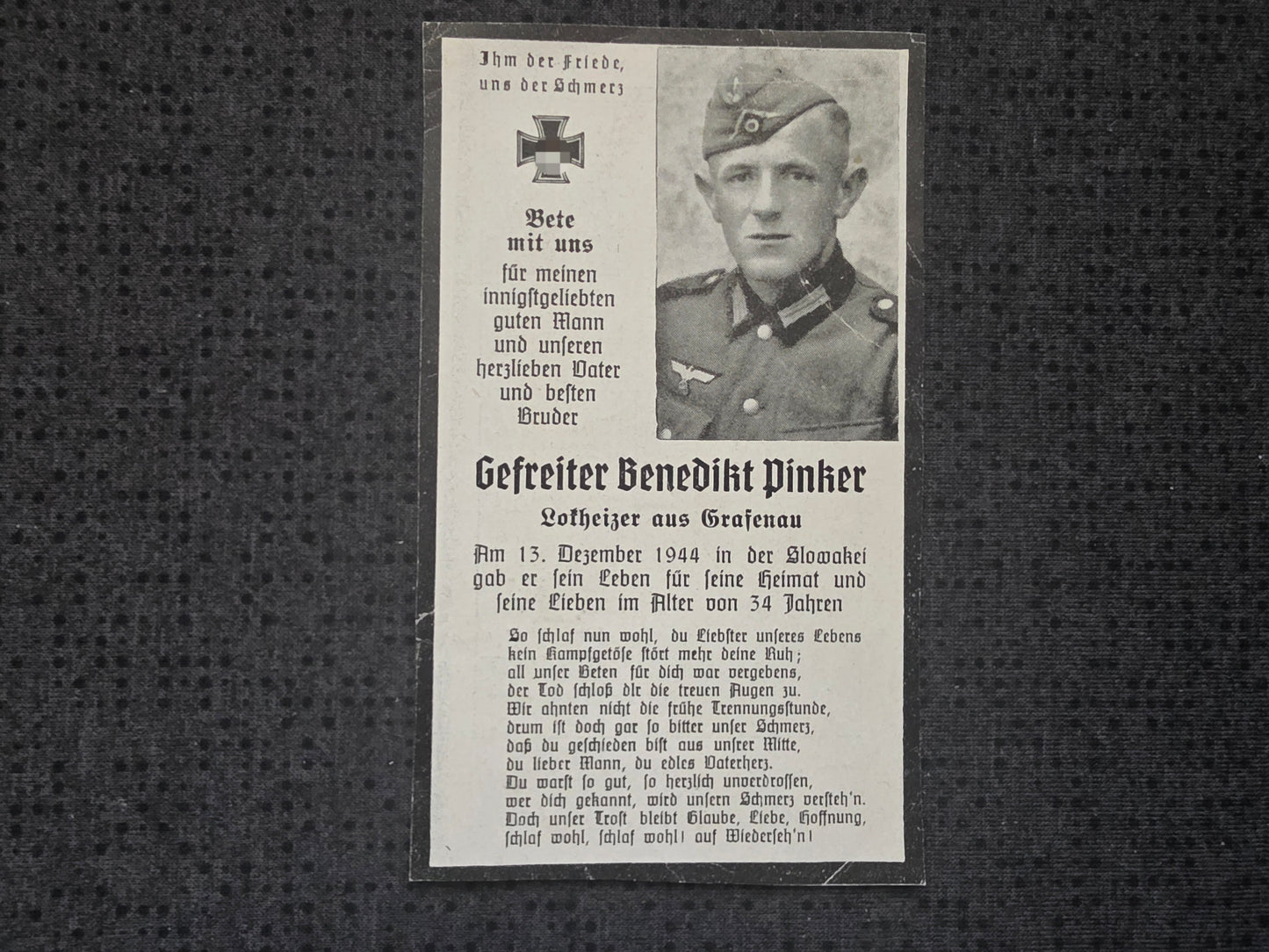 Sterbebild Gefreiter Grotting Infanterie Regt. Waldstück Vargov Humenne Slowakei