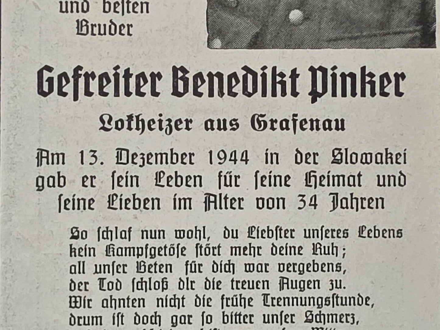 Sterbebild Gefreiter Grotting Infanterie Regt. Waldstück Vargov Humenne Slowakei