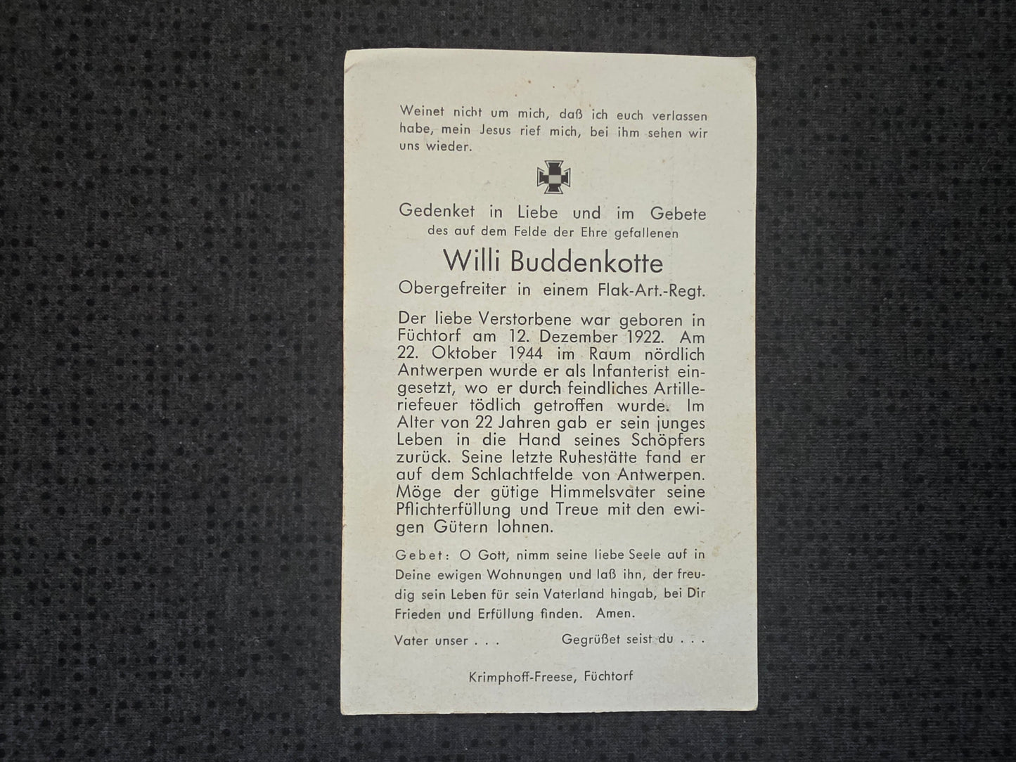 Sterbebild Obergefreiter Fürchtorf Flak-Artillerie Regt. Antwerpen Belgien