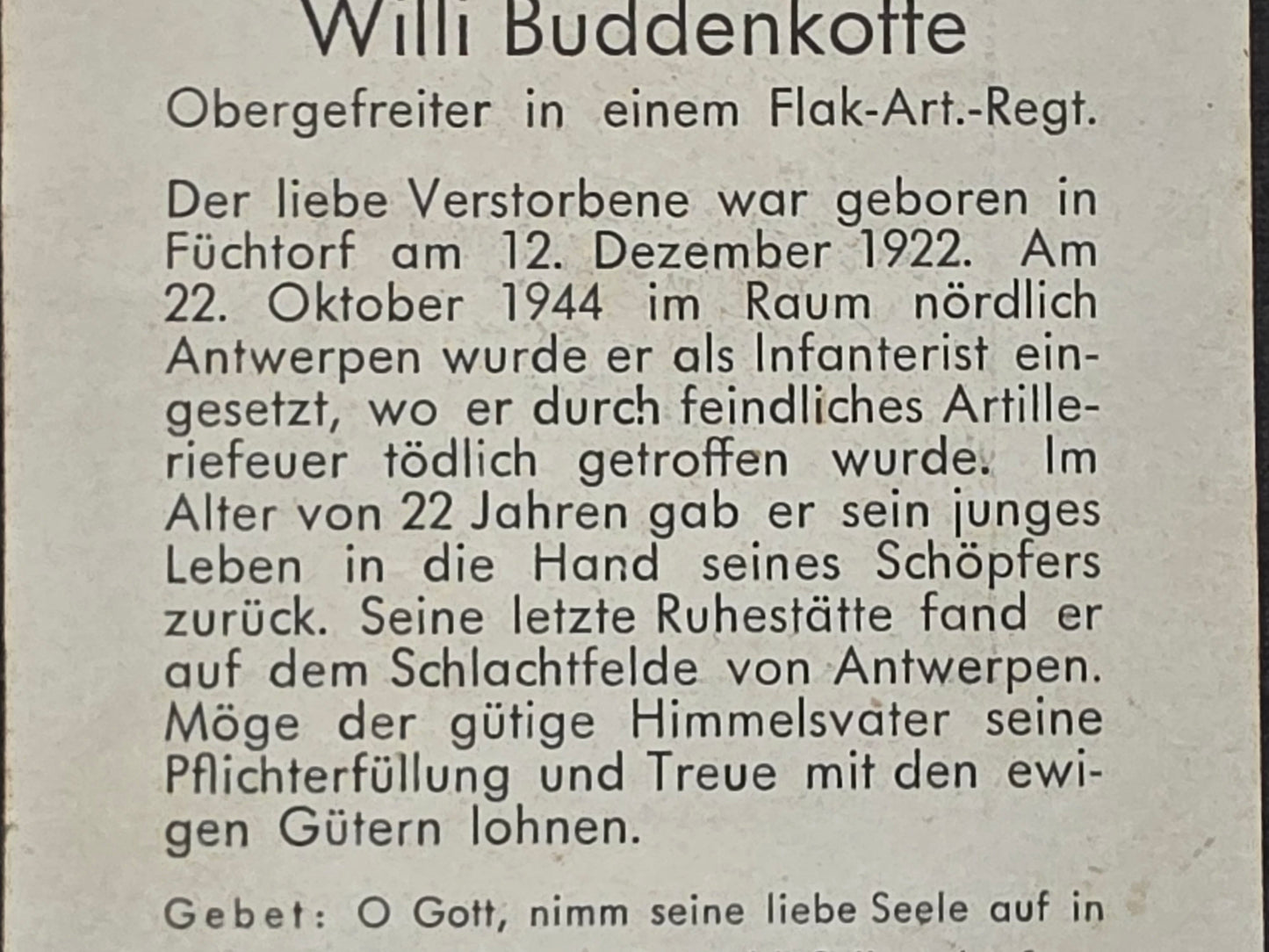 Sterbebild Obergefreiter Fürchtorf Flak-Artillerie Regt. Antwerpen Belgien
