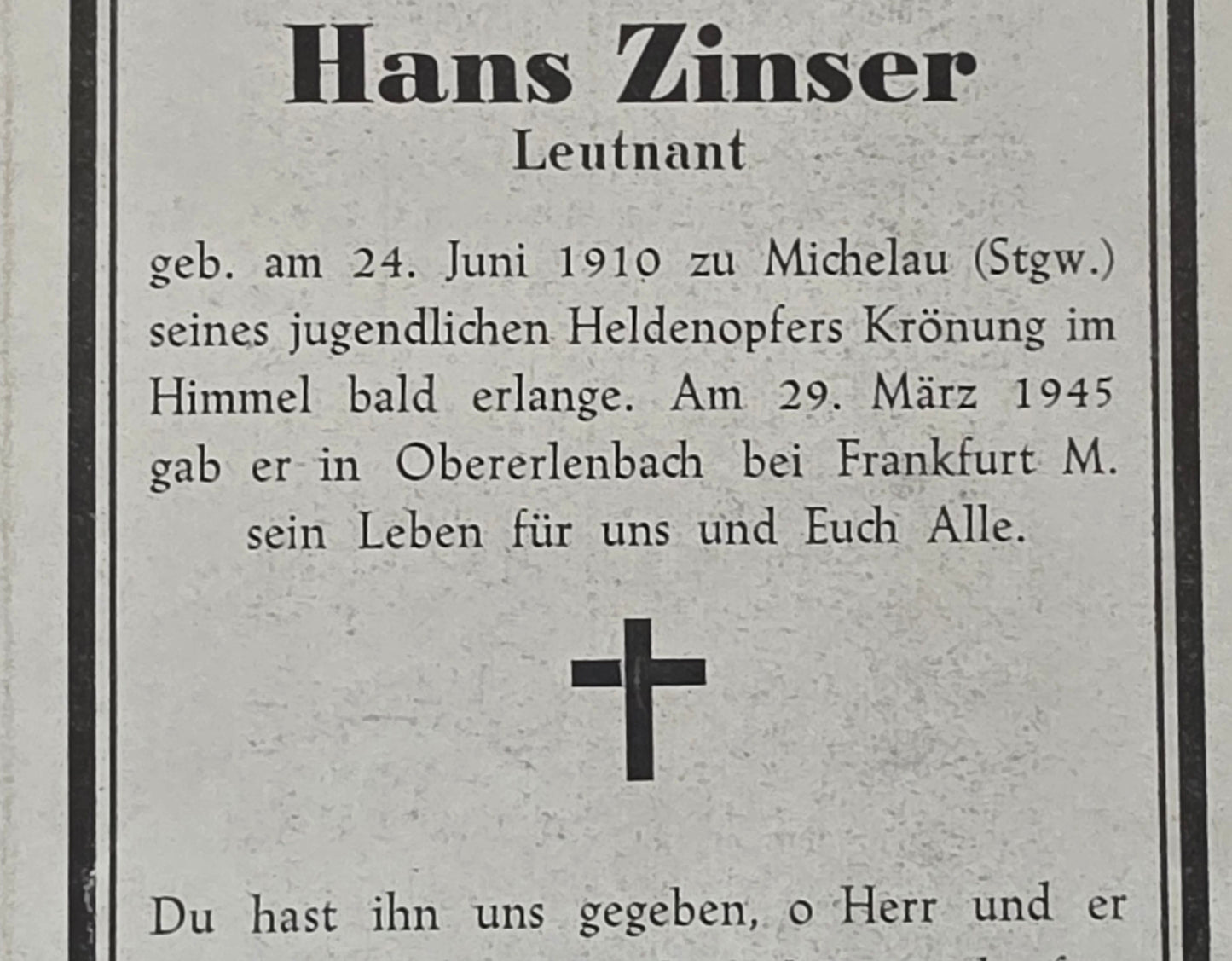 Sterbebild Leutnant Michelau Endkampf Obererlenbach Frankfurt am Main Deutschland