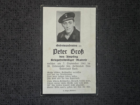 Sterbebild Matrose Ampfing Artillerieschulschiff "Bremse" Mageröy-Fjord Norwegen - www.mmilitaria.com