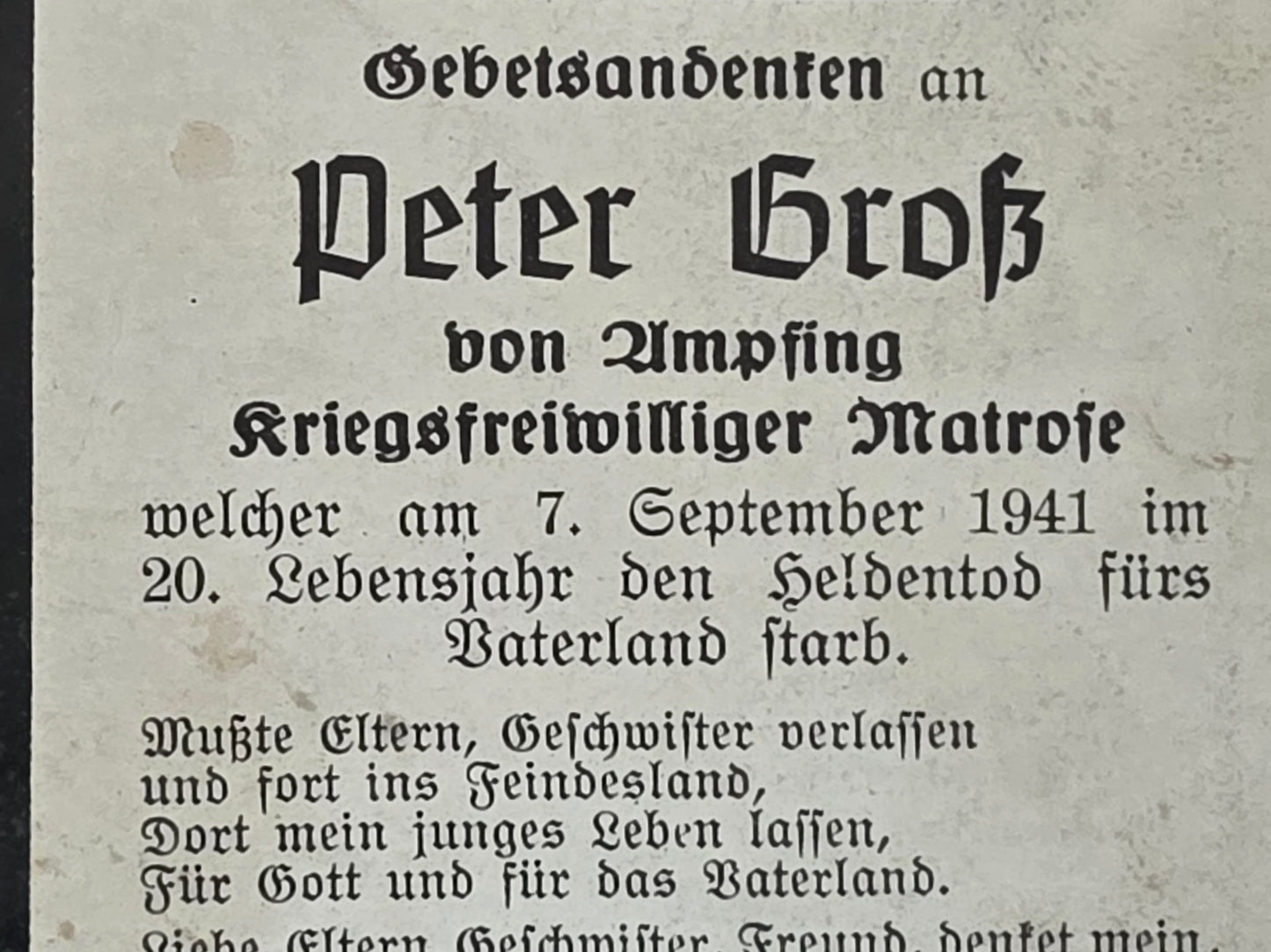 Sterbebild Matrose Ampfing Artillerieschulschiff "Bremse" Mageröy-Fjord Norwegen