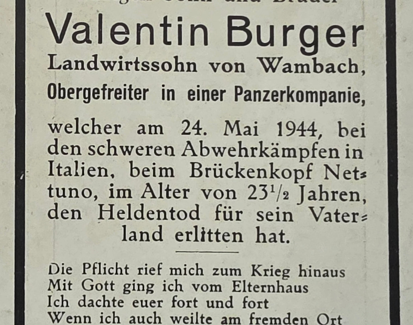 Sterbebild Obergefreiter Wambach Panzer Regt. Brückenkopf Nettuno Italien