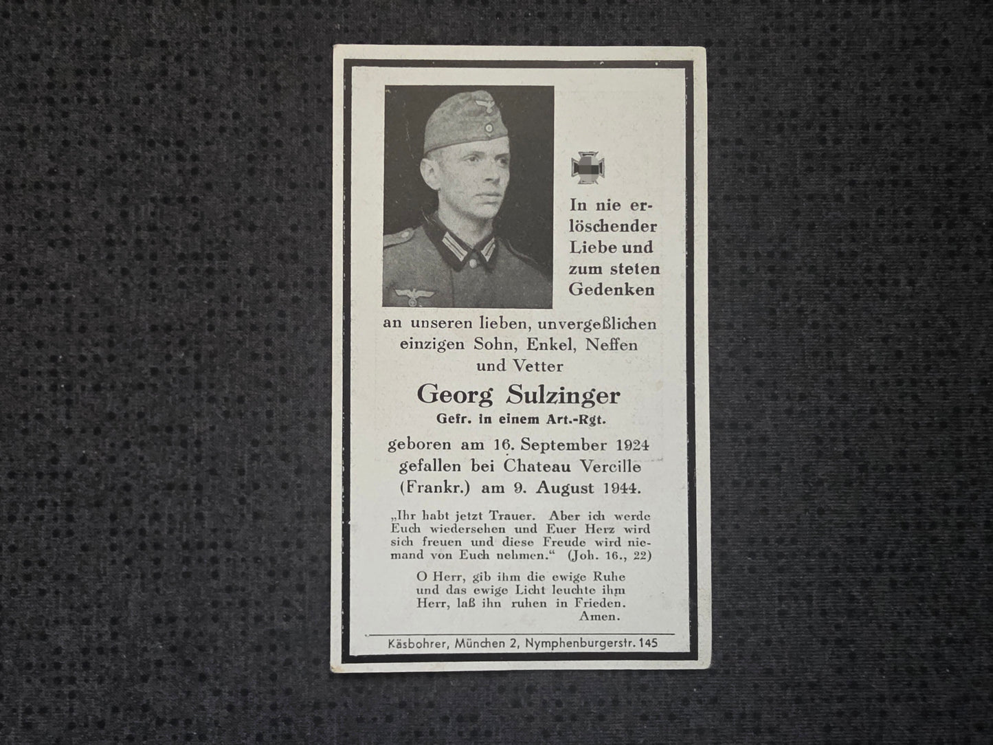 Sterbebild Gefreiter Obergiesing Artillerie Regt. Chateau Vercille Normandie Frankreich