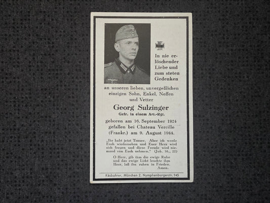 Sterbebild Gefreiter Obergiesing Artillerie Regt. Chateau Vercille Normandie Frankreich - www.mmilitaria.com