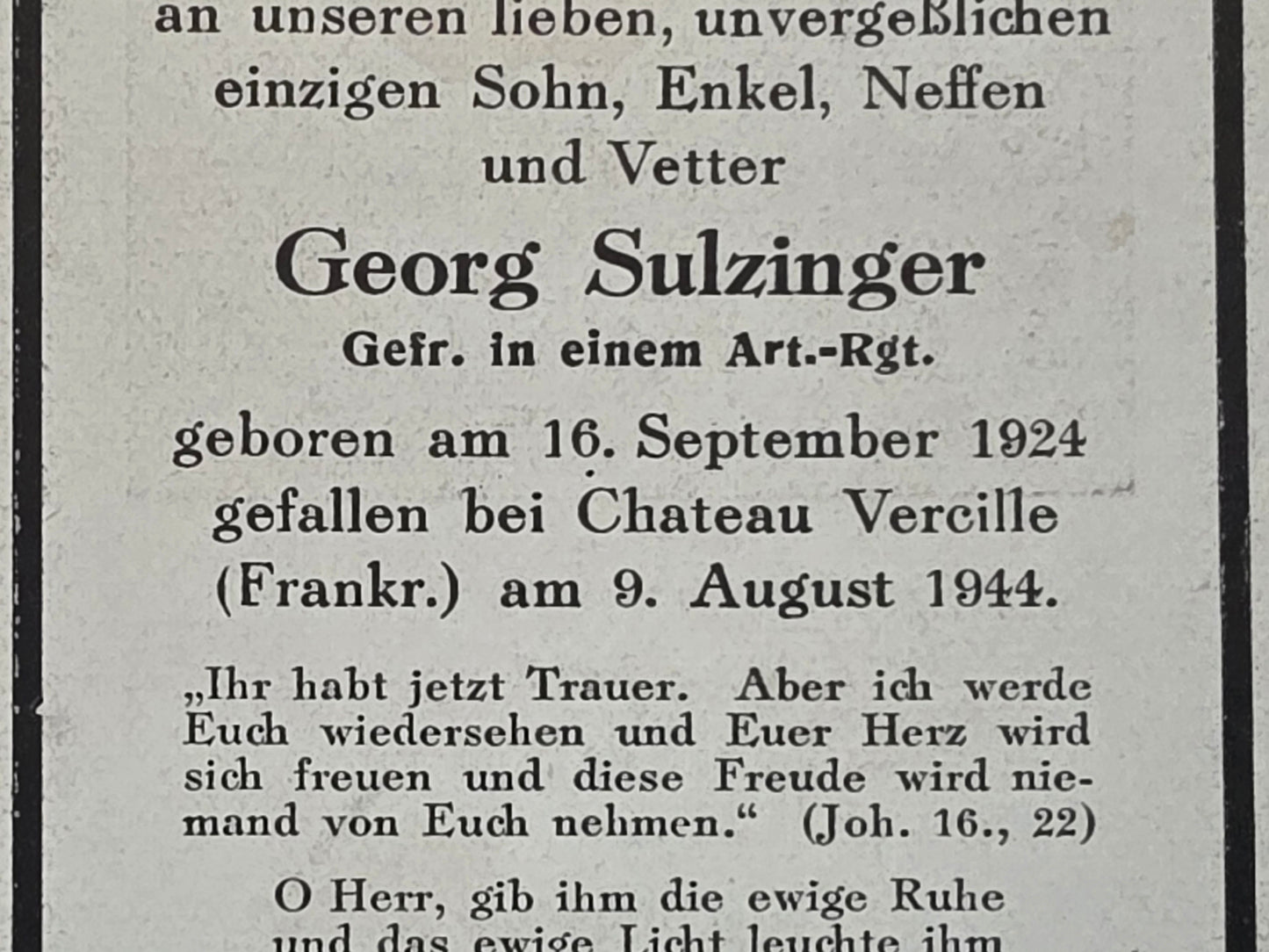 Sterbebild Gefreiter Obergiesing Artillerie Regt. Chateau Vercille Normandie Frankreich