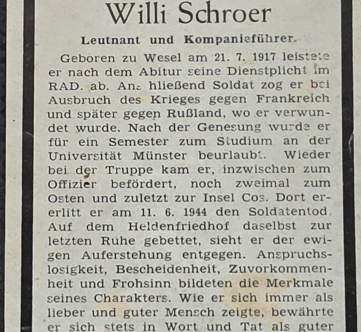 Sterbebild Leutnant Wesel KP-Chef Insel Cos Griechenland
