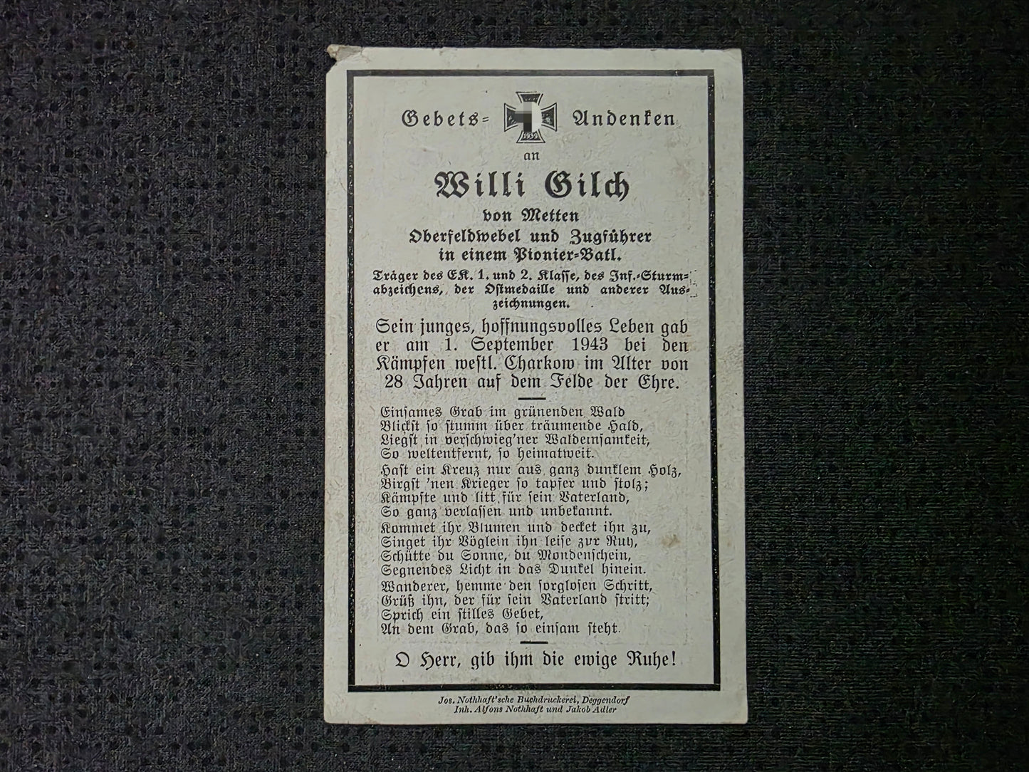 Sterbebild Oberfeldwebel Metten Zugführer 1. Komp. Pionier-Btl. 10 Janowschtschina Ukraine