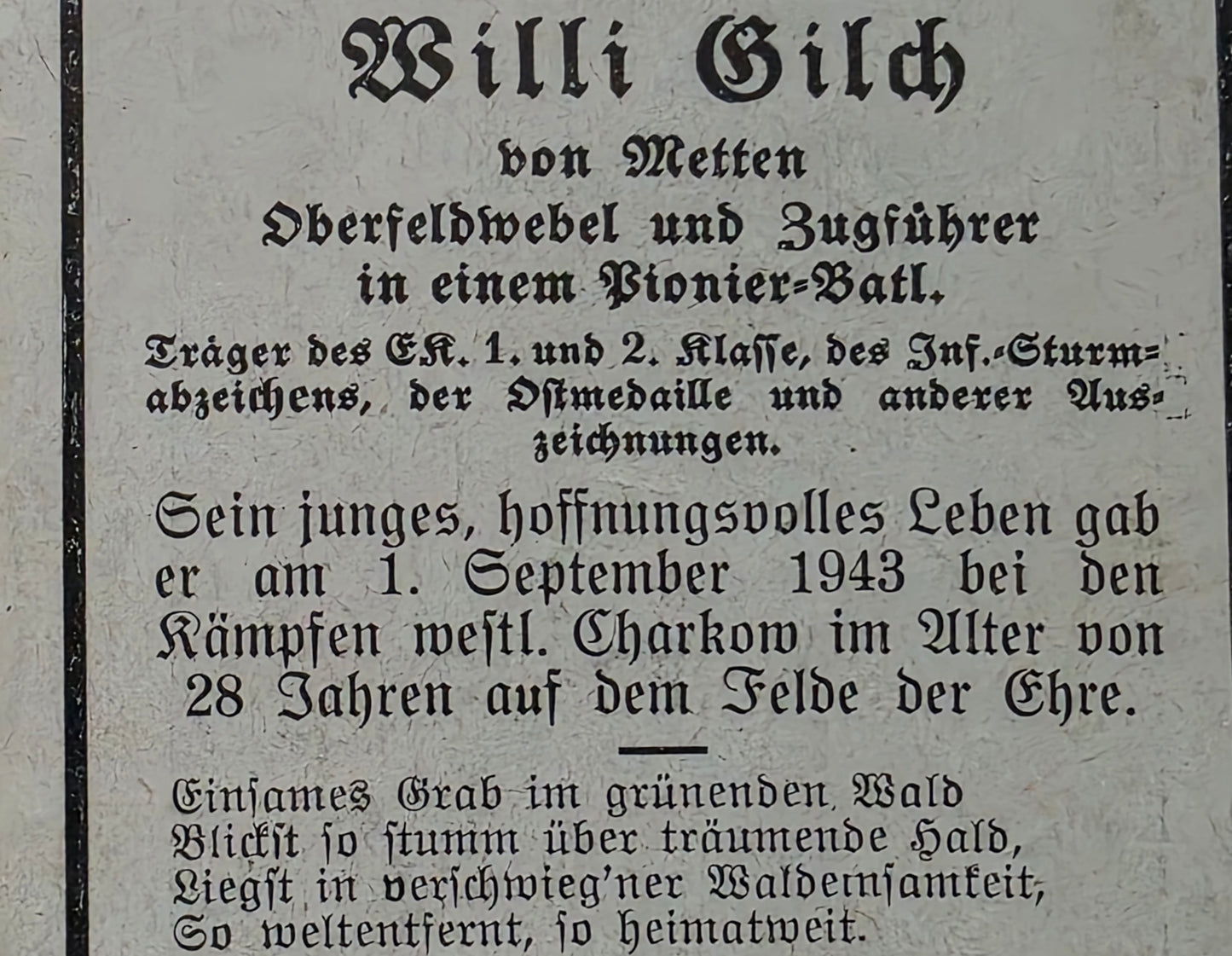 Sterbebild Oberfeldwebel Metten Zugführer 1. Komp. Pionier-Btl. 10 Janowschtschina Ukraine