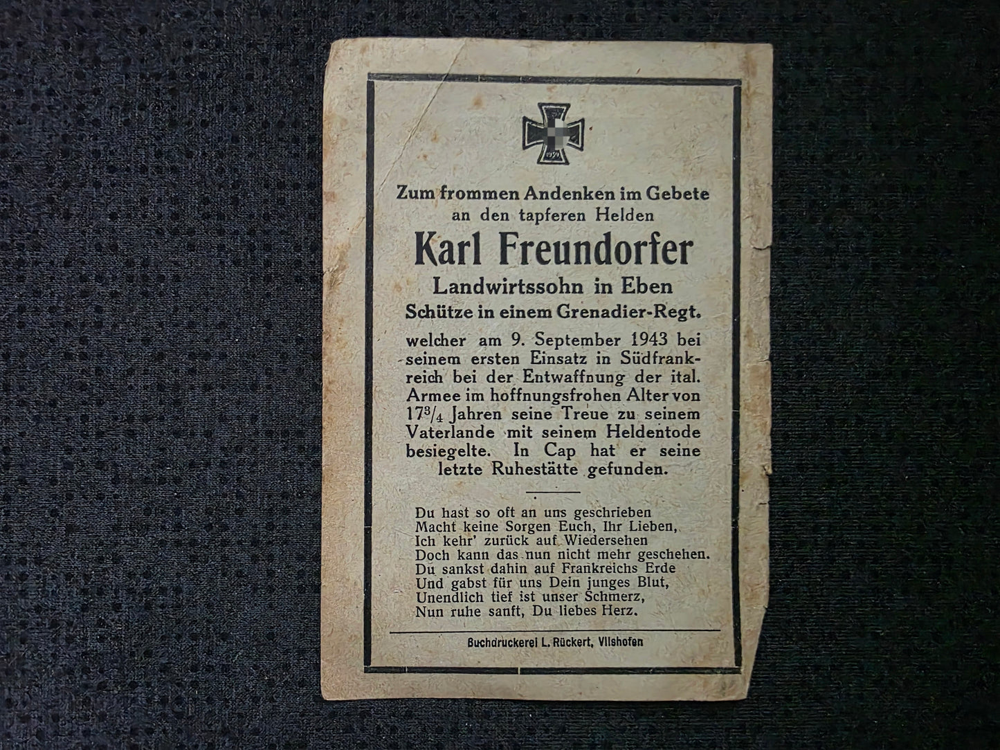Sterbebild Schütze Eben 2.Res. Gren. Btl. 62 Entwaffnung Italienische Armee Gap Frankreich