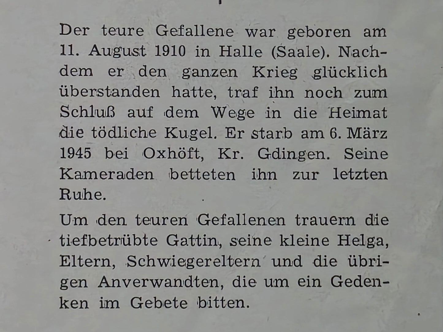 Sterbebild Obergefreiter Halle Endkampf Gotenhafen Oxhöft Polen