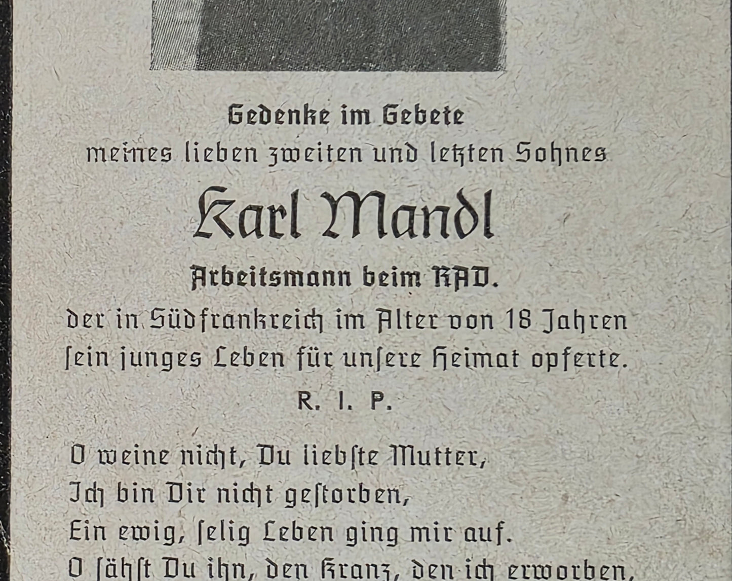 Sterbebild Arbeitsmann RAD 18 Jahre Frankreich