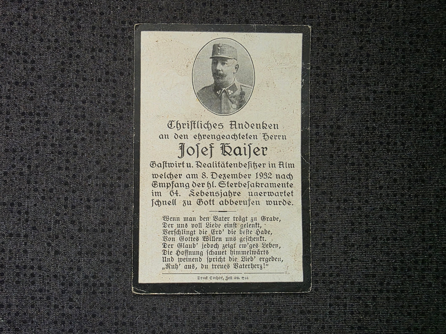 Sterbebild WK I Veteran Alm Gestorben 1932
