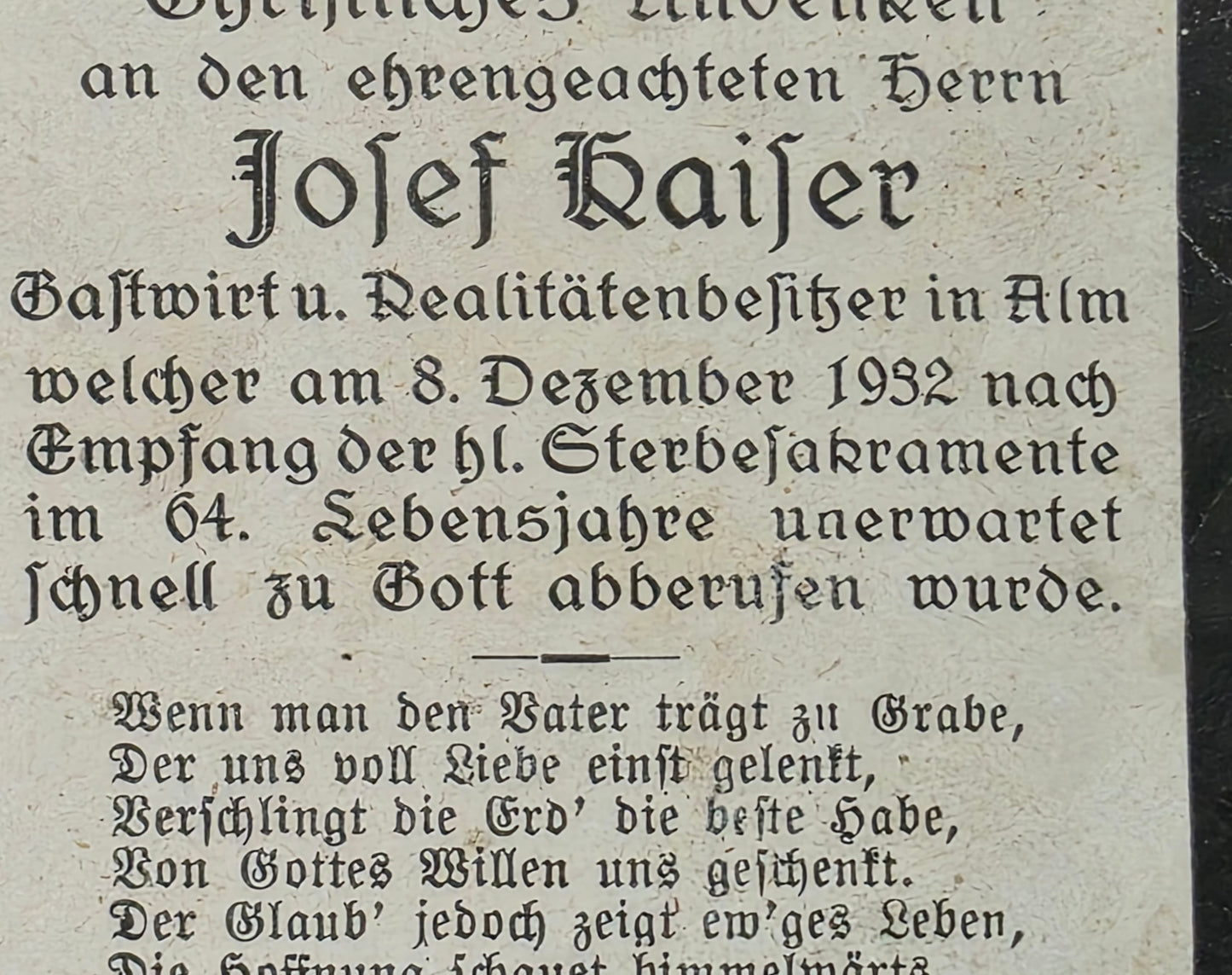 Sterbebild WK I Veteran Alm Gestorben 1932