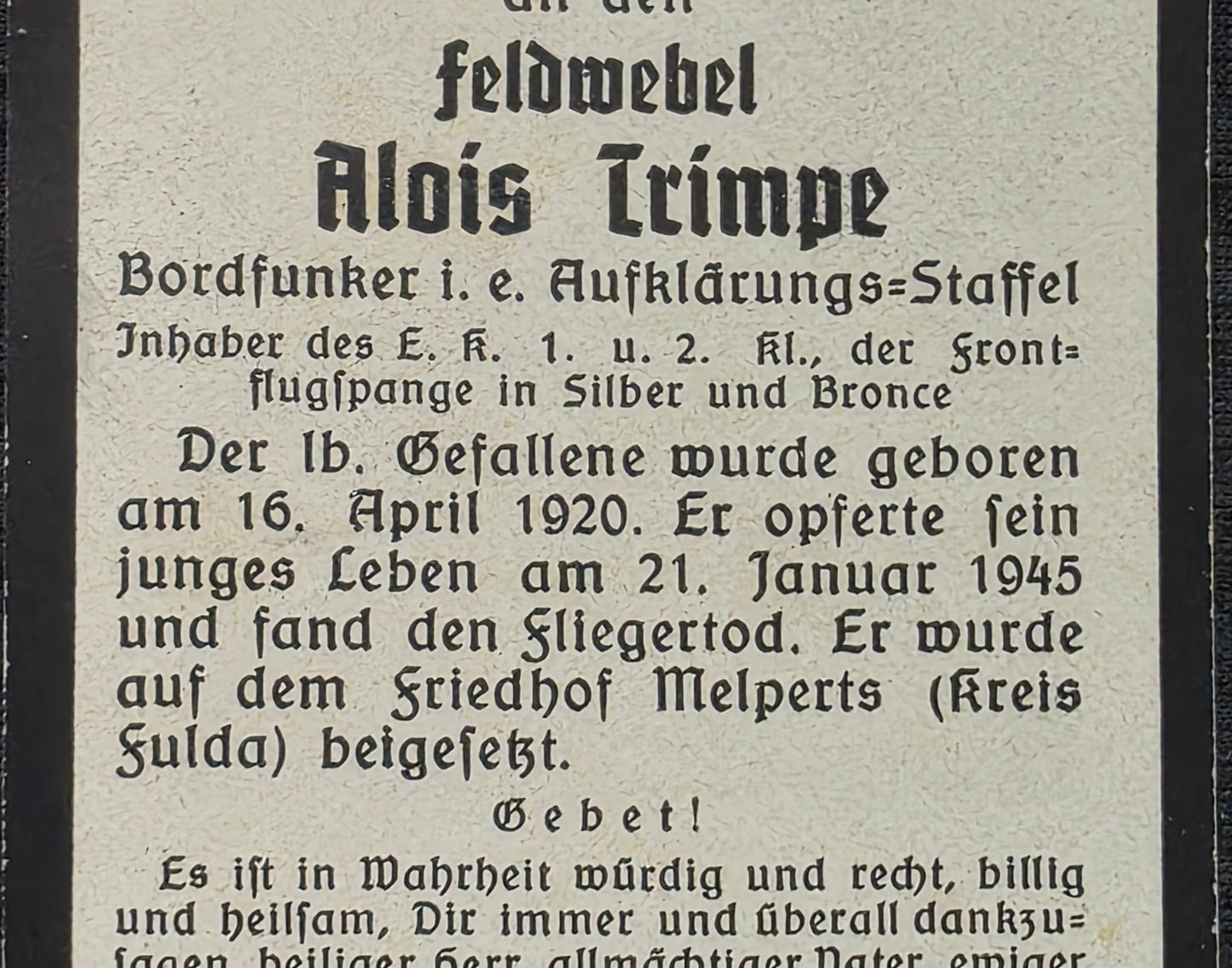 Sterbebild Feldwebel Damme Bordfunker Aufklärungsstaffel FFS Endkampf Fulda Wendershausen