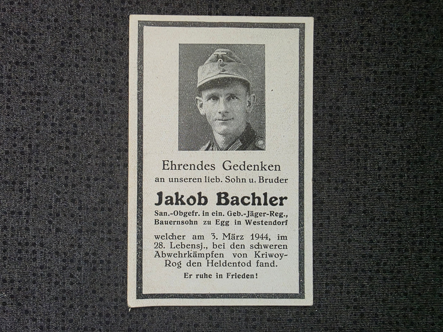 Sterbebild Sanitäts-Obergefreiter Söll 1. Komp. Gebirgs-Pionier Btl. 83 Kriwoj Rog Ukraine
