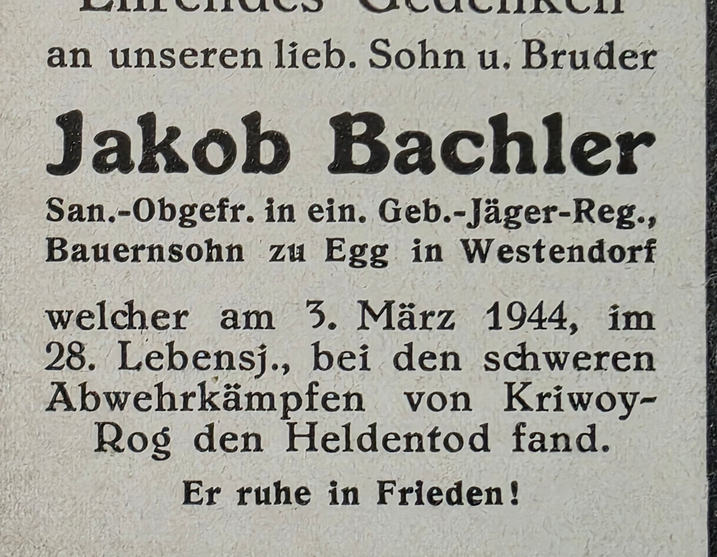Sterbebild Sanitäts-Obergefreiter Söll 1. Komp. Gebirgs-Pionier Btl. 83 Kriwoj Rog Ukraine