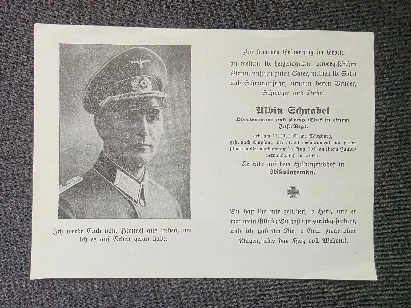 Sterbebild Oberleutnant Würzburg KP-Chef 1. Komp. Inf. Regt. 594 Muratoff Russland