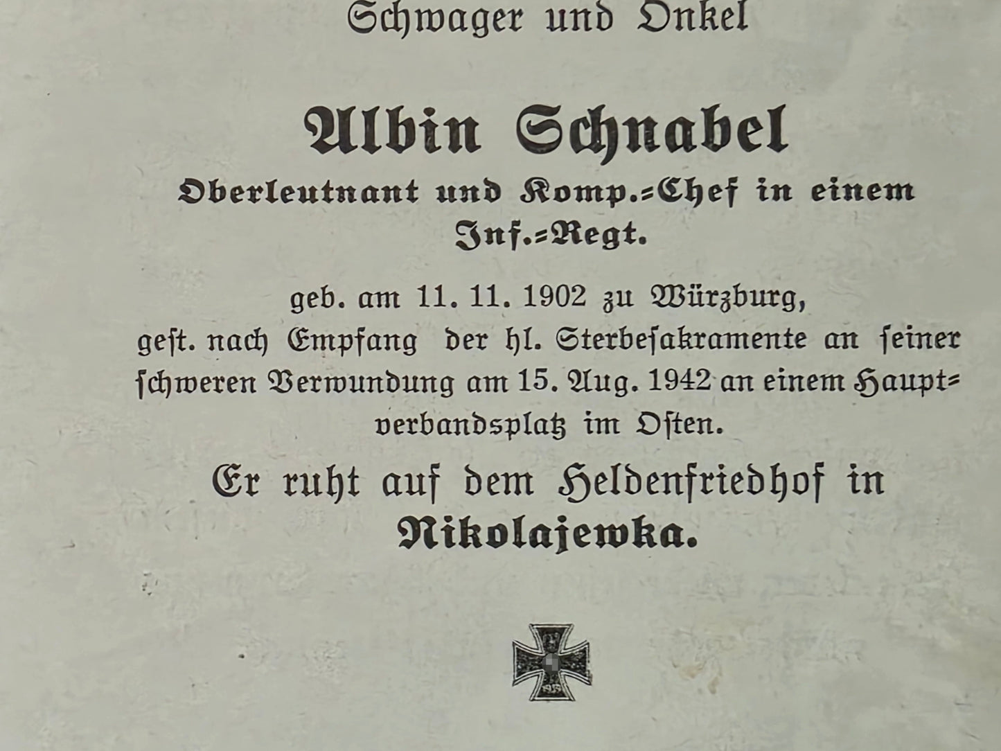Sterbebild Oberleutnant Würzburg KP-Chef 1. Komp. Inf. Regt. 594 Muratoff Russland