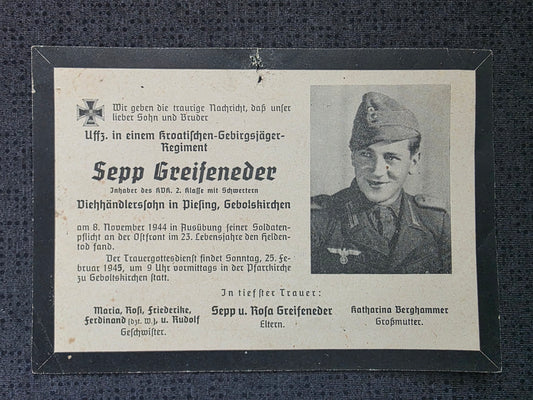 Sterbebild Unteroffizier Piesing Kroatisches Gebirgsjäger Regt. Ostfront 1944 - www.mmilitaria.com