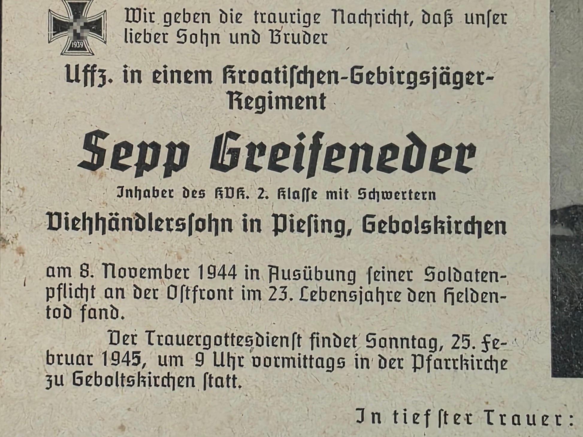 Sterbebild Unteroffizier Piesing Kroatisches Gebirgsjäger Regt. Ostfront 1944 - www.mmilitaria.com