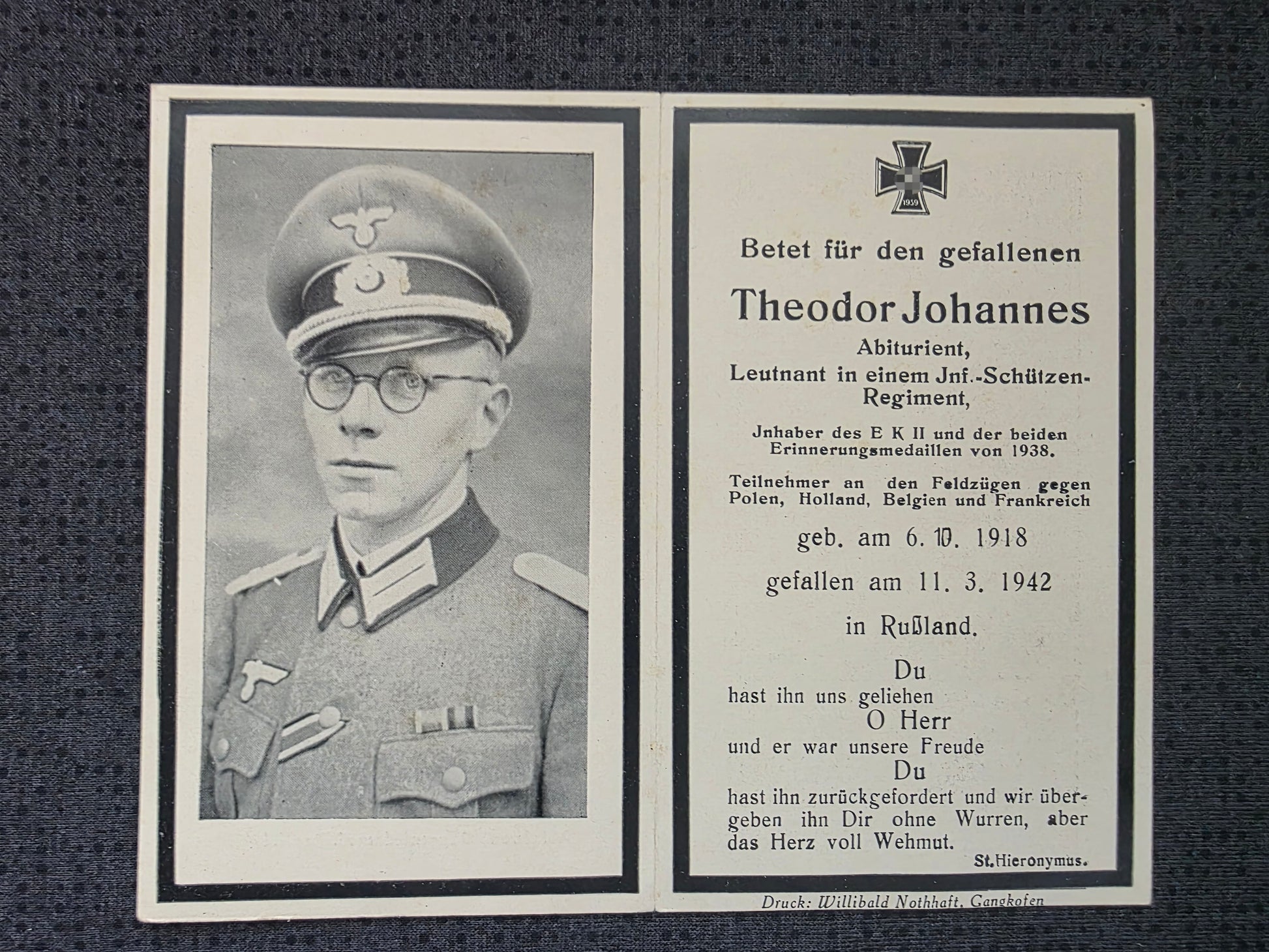 Sterbebild Leutnant Massing 4. Komp. Schützen Regt. 63 Kriwzowo Russland - www.mmilitaria.com