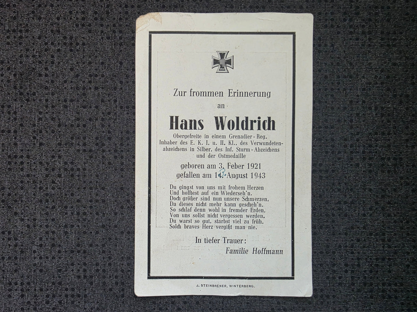 Sterbebild Obergefreiter Kaltenbach 8. Komp. Gren. Regt. 481 Iwoschino Russland - www.mmilitaria.com