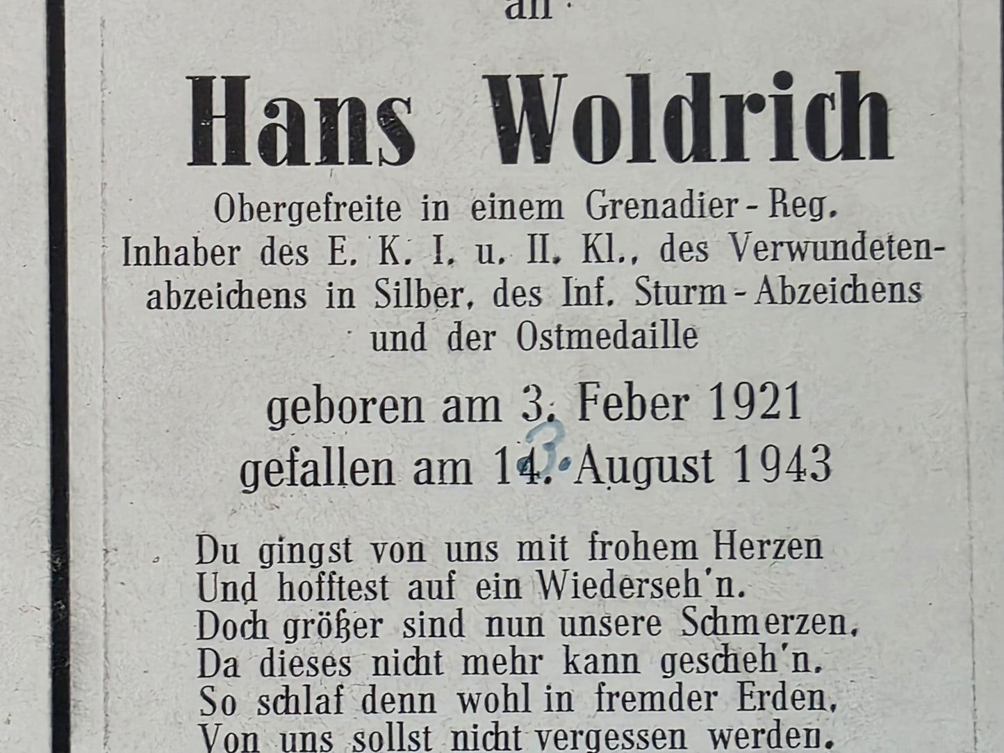 Sterbebild Obergefreiter Kaltenbach 8. Komp. Gren. Regt. 481 Iwoschino Russland - www.mmilitaria.com