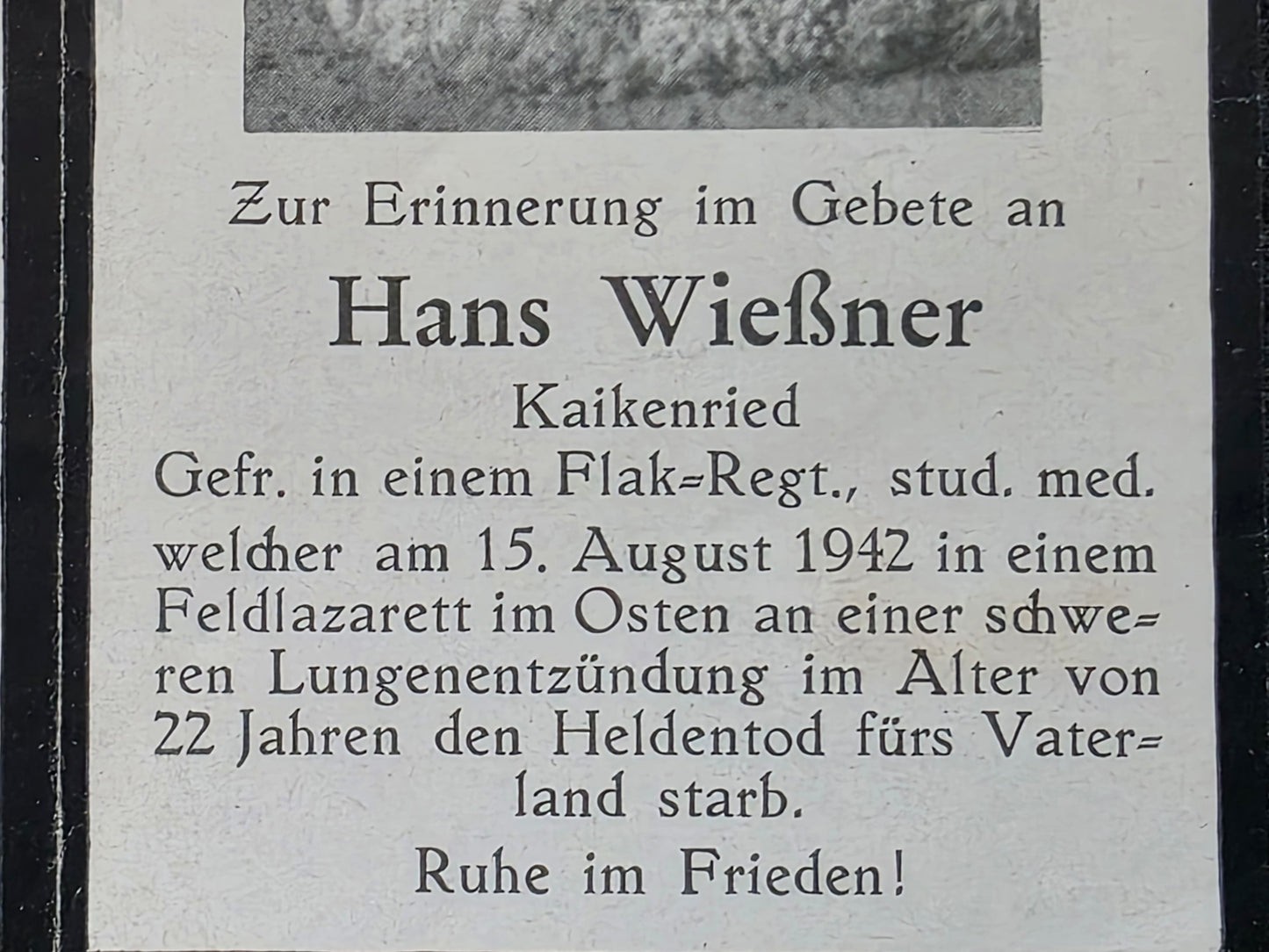 Sterbebild Gefreiter Kalkenried Flak-Regt. Grabfoto Feldlazarett 12 Demjansk Russland - www.mmilitaria.com