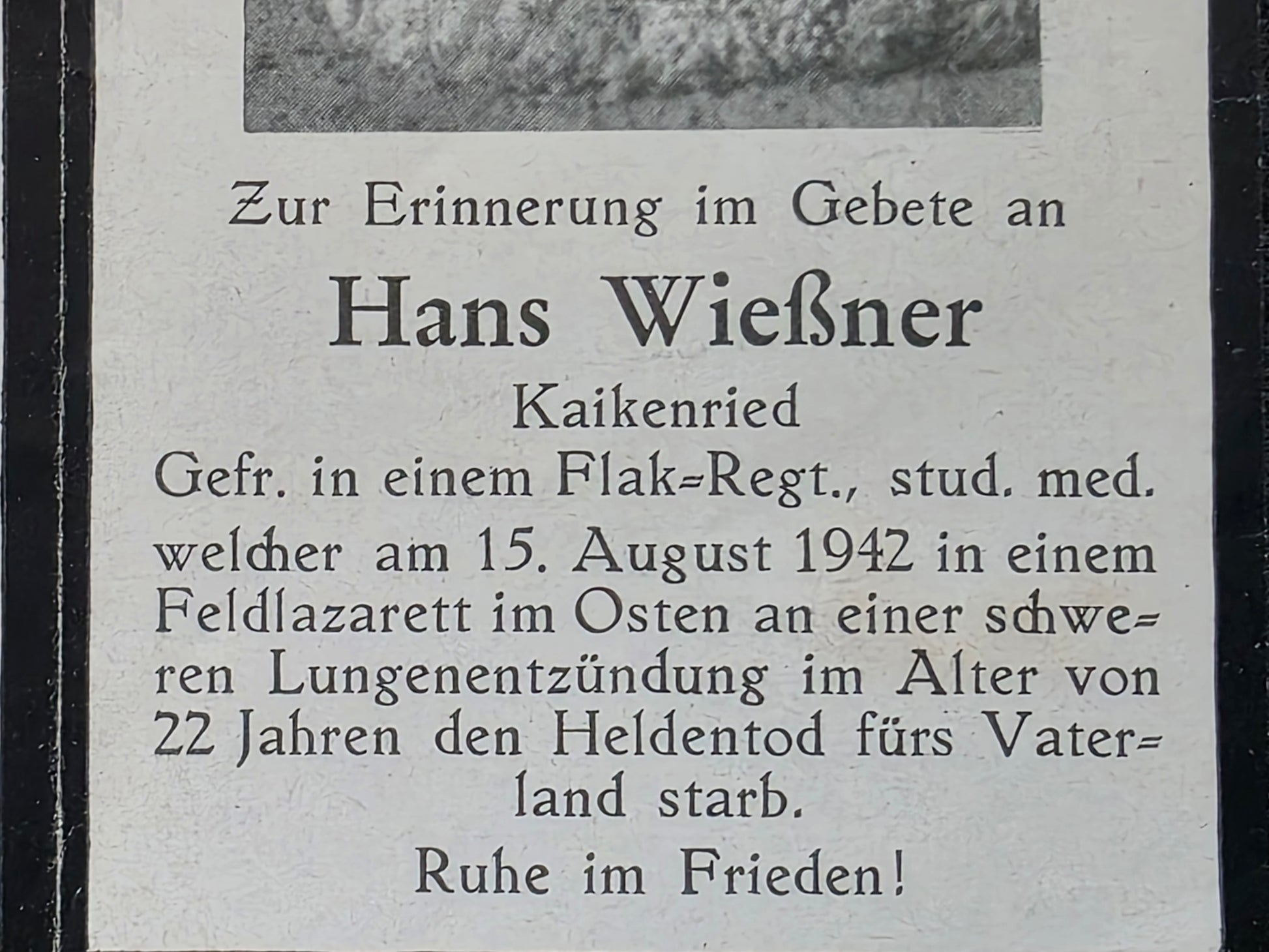Sterbebild Gefreiter Kalkenried Flak-Regt. Grabfoto Feldlazarett 12 Demjansk Russland - www.mmilitaria.com