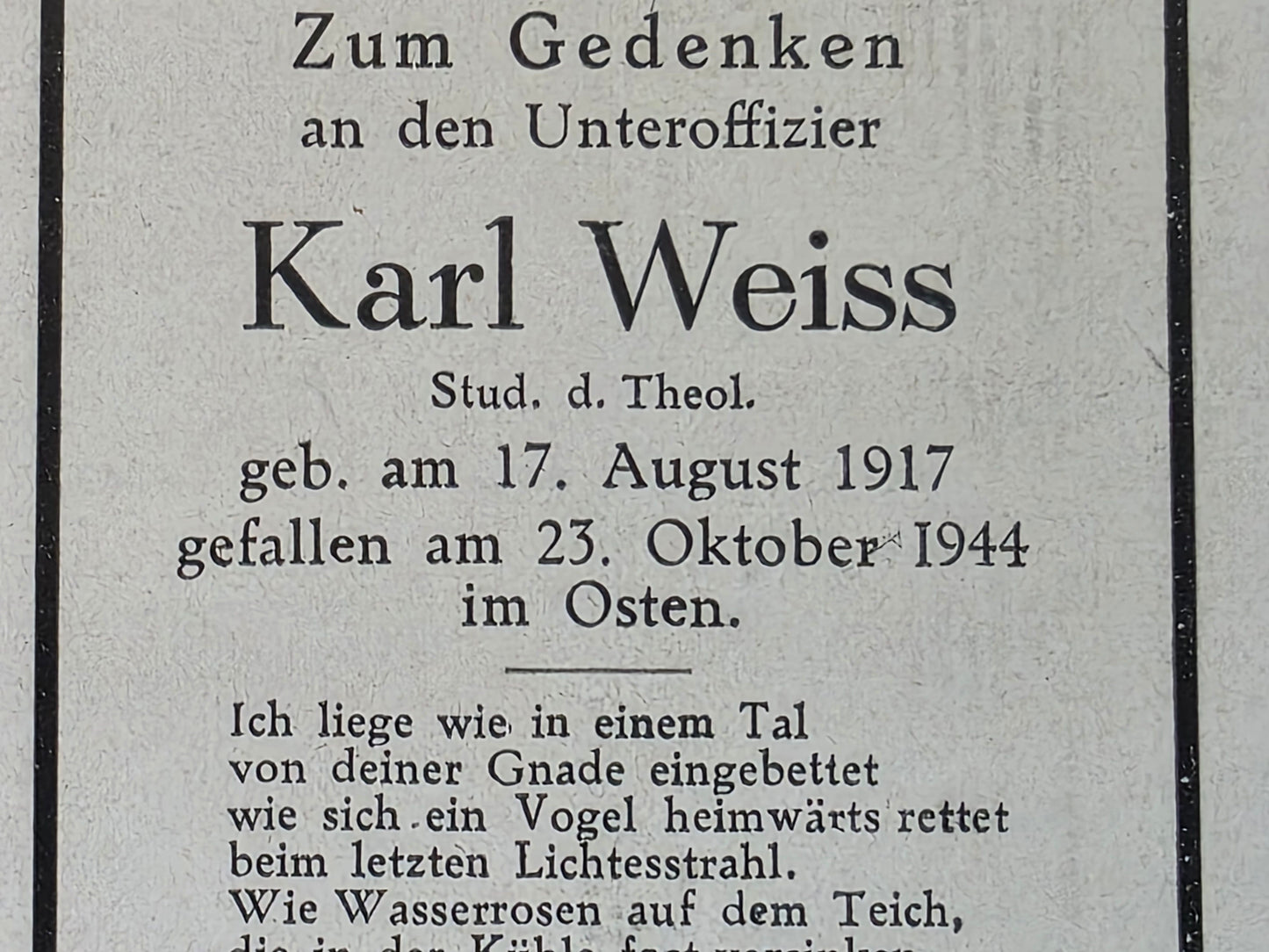 Sterbebild Unteroffizier München Theologe Brückenkopf Raczki Polen - www.mmilitaria.com
