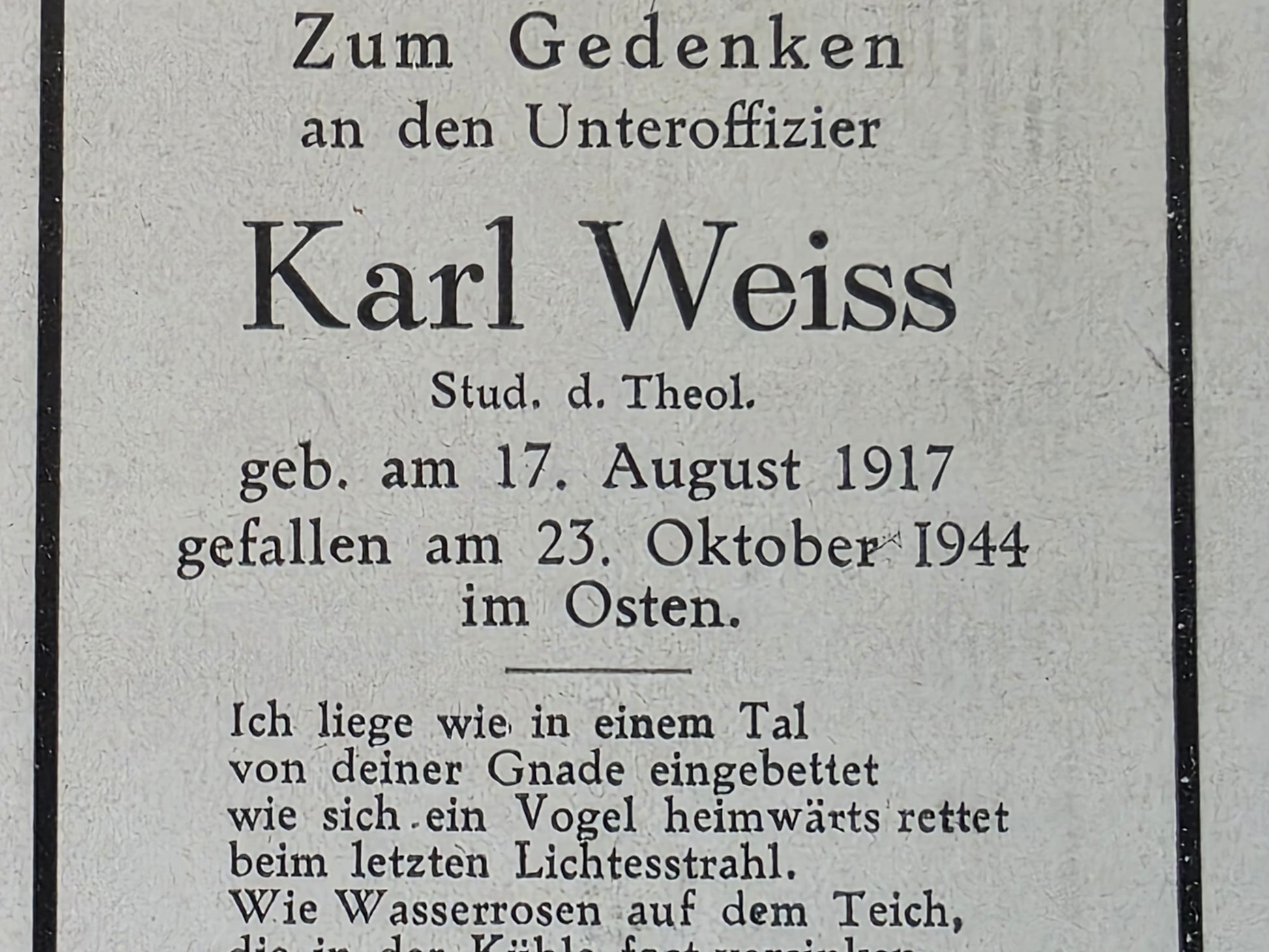 Sterbebild Unteroffizier München Theologe Brückenkopf Raczki Polen - www.mmilitaria.com