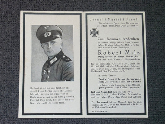 Sterbebild Obergefreiter Koblenz-Neuendorf Pionier Btl. 73 Westwall Abz. Protopopowka Ukraine - www.mmilitaria.com