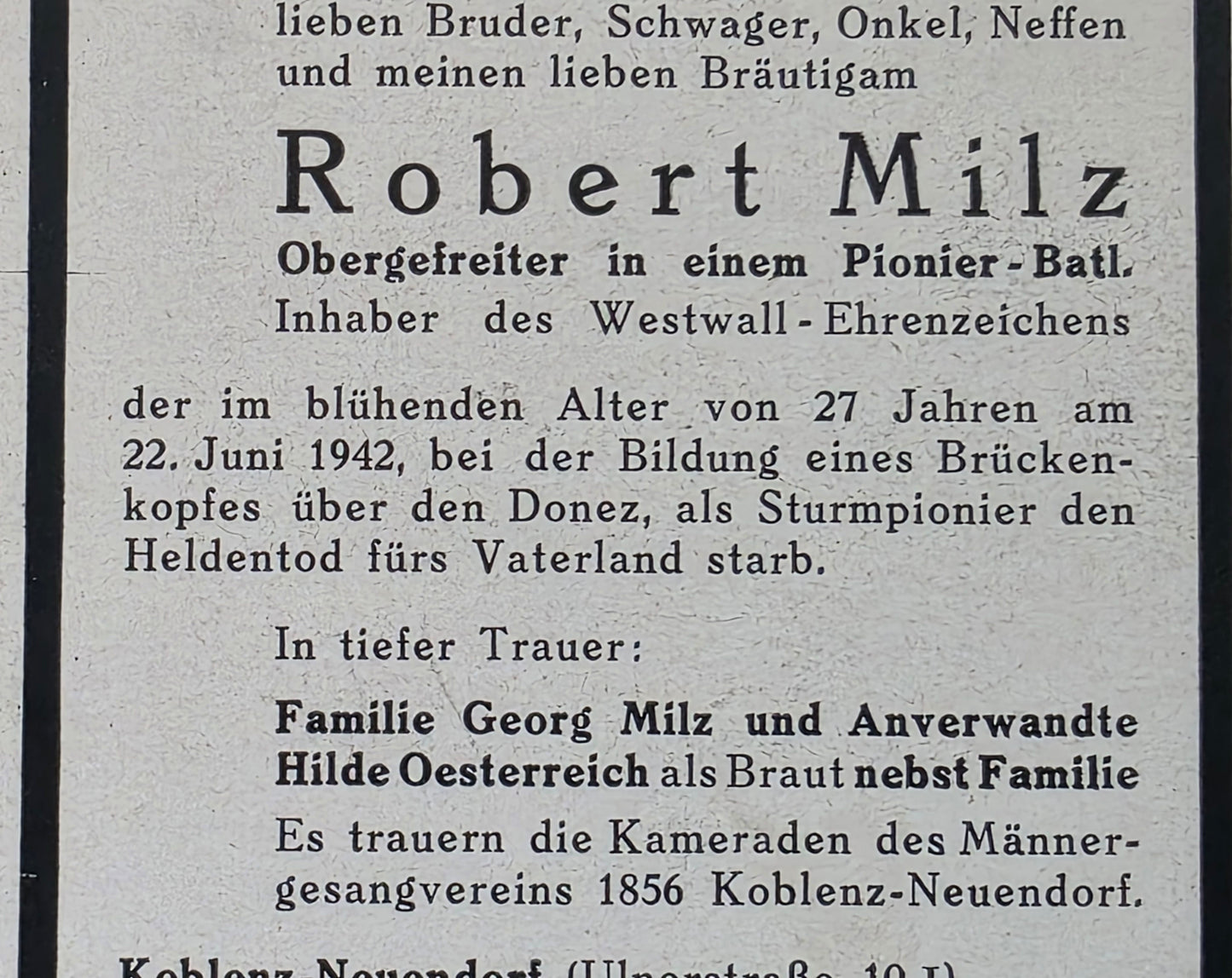 Sterbebild Obergefreiter Koblenz-Neuendorf Pionier Btl. 73 Westwall Abz. Protopopowka Ukraine - www.mmilitaria.com