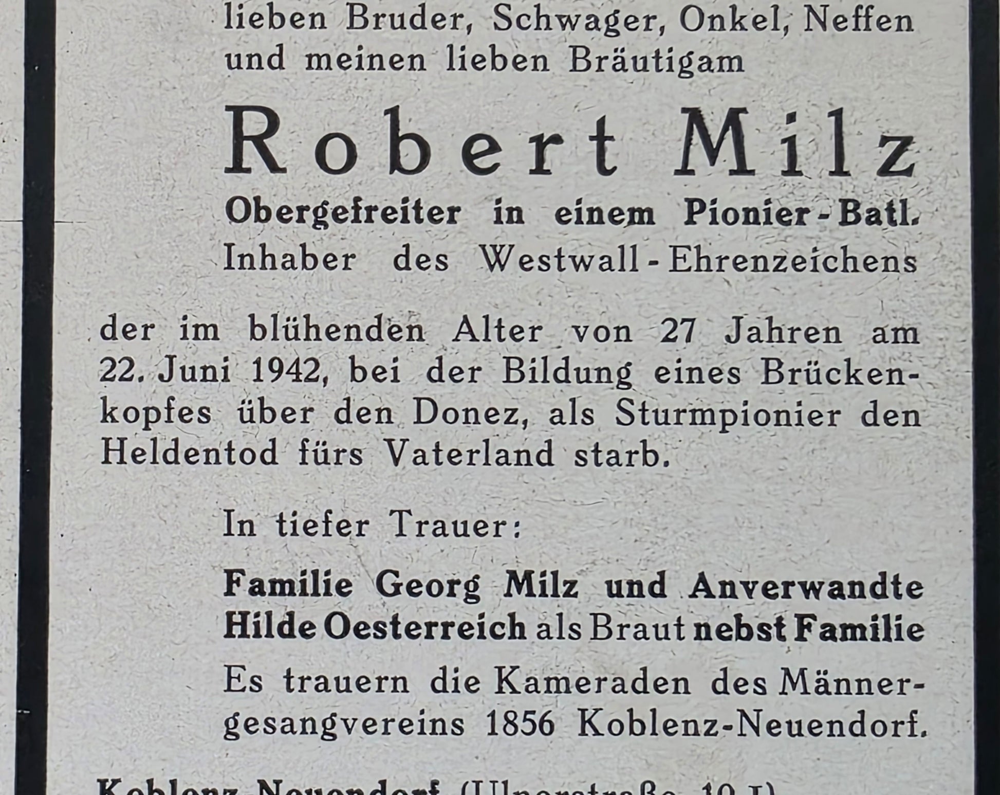 Sterbebild Obergefreiter Koblenz-Neuendorf Pionier Btl. 73 Westwall Abz. Protopopowka Ukraine - www.mmilitaria.com