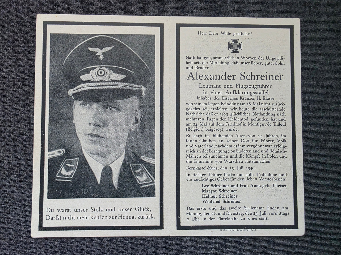 Sterbebild Leutnant Prüm Pilot 4. Staffel (F) 14 Montigny-le-Tilleul Charleroi Belgien - www.mmilitaria.com