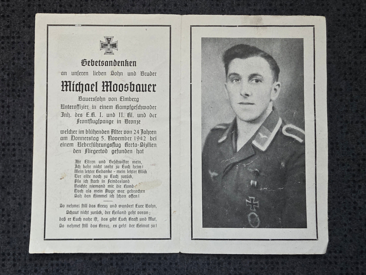 Sterbebild Unteroffizier Elmberg Pilot 1./KG-6 FFS Bronze Kreta Sizilien Griechenland Italien - www.mmilitaria.com