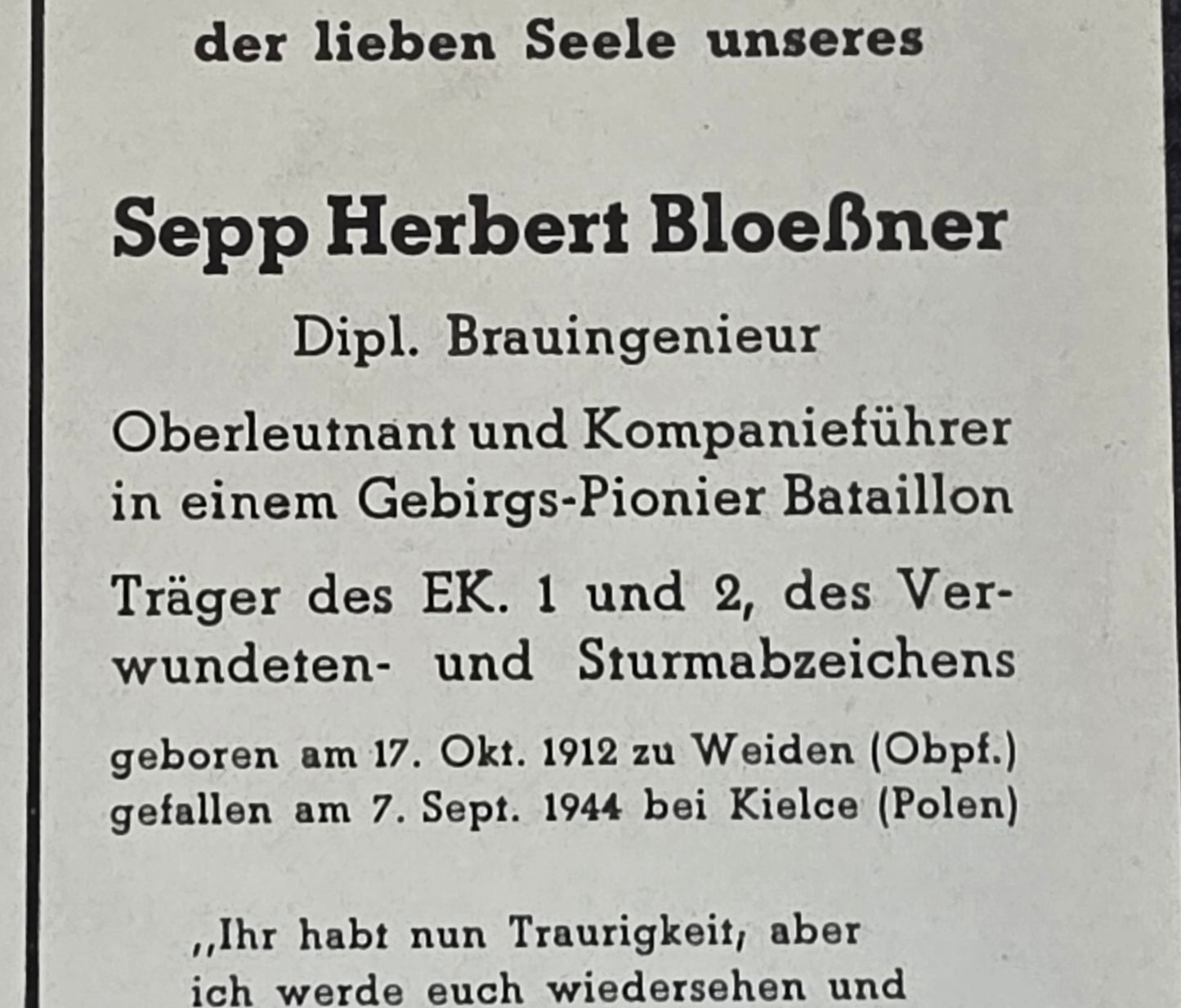 Sterbebild Oberleutnant Weiden KP-Chef Gebirgspionier Btl. Kielce Polen - www.mmilitaria.com