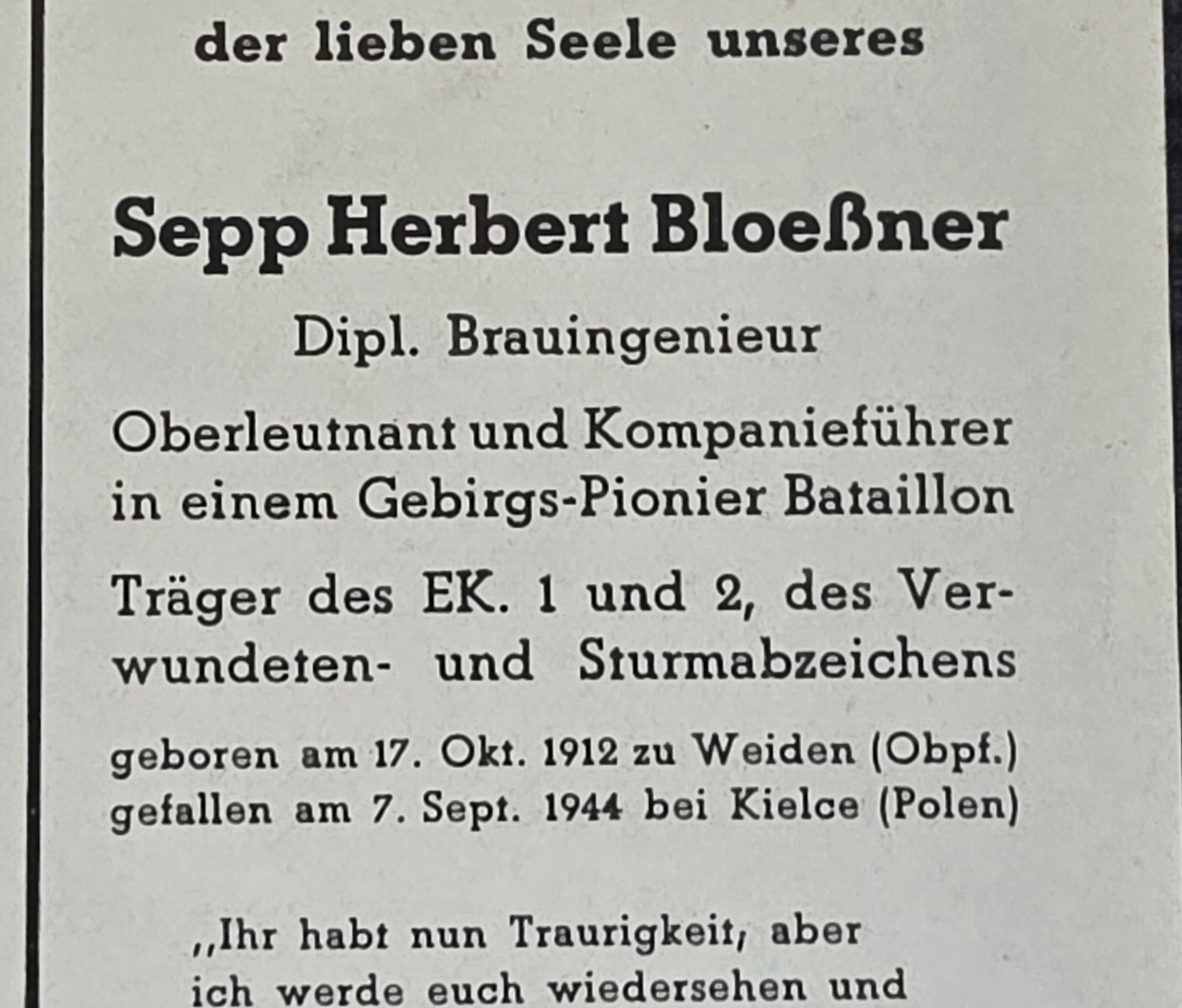 Sterbebild Oberleutnant Weiden KP-Chef Gebirgspionier Btl. Kielce Polen - www.mmilitaria.com