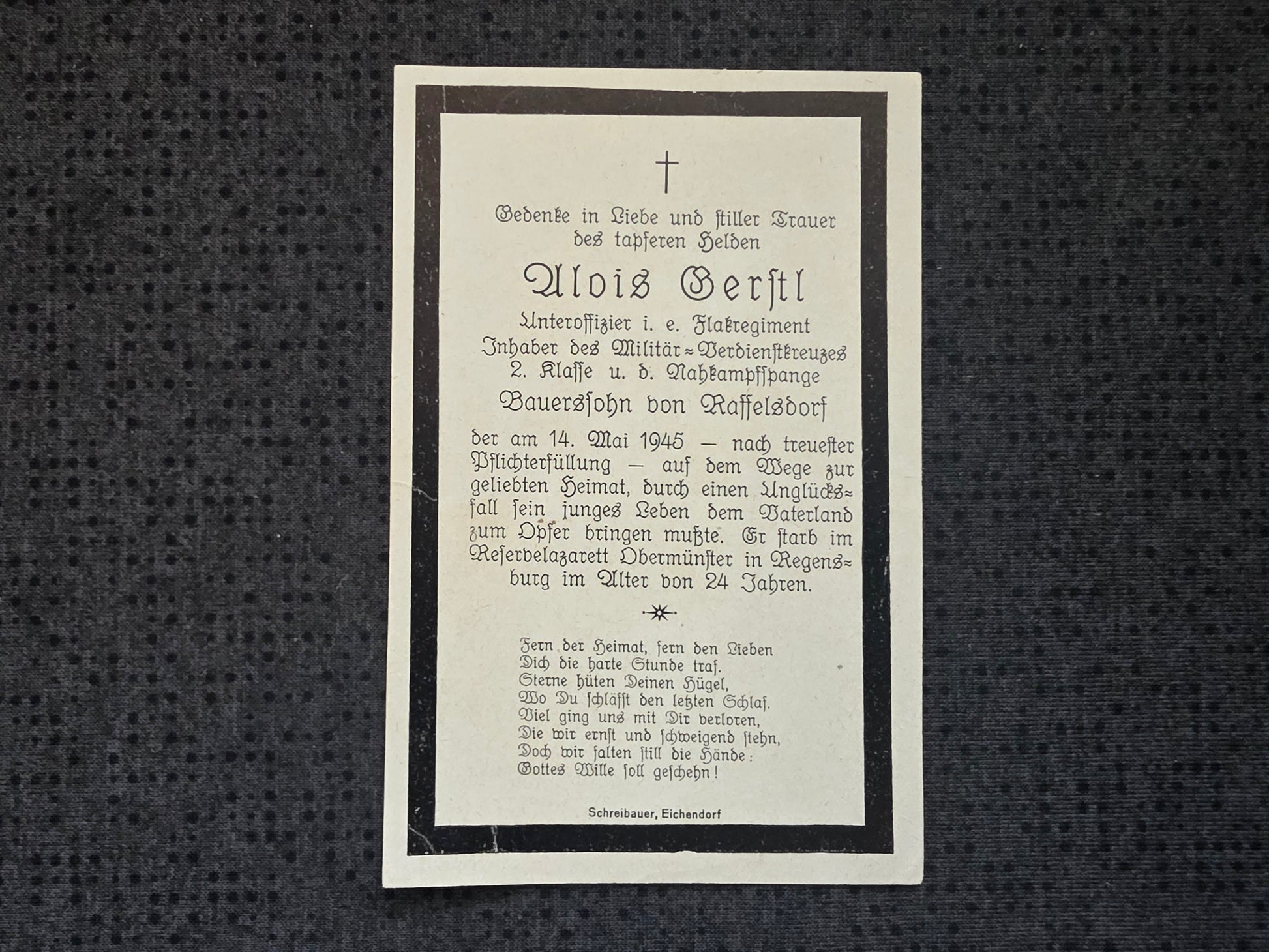 Sterbebild Unteroffizier Raffelsdorf Flak-Regt. NKS Lazarett Obermünster Regensburg - www.mmilitaria.com