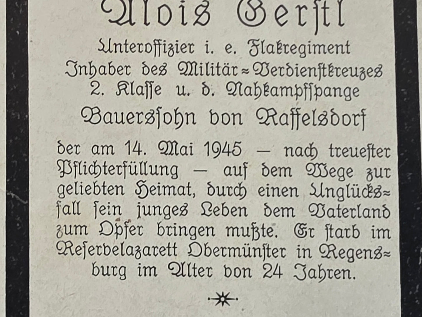 Sterbebild Unteroffizier Raffelsdorf Flak-Regt. NKS Lazarett Obermünster Regensburg - www.mmilitaria.com