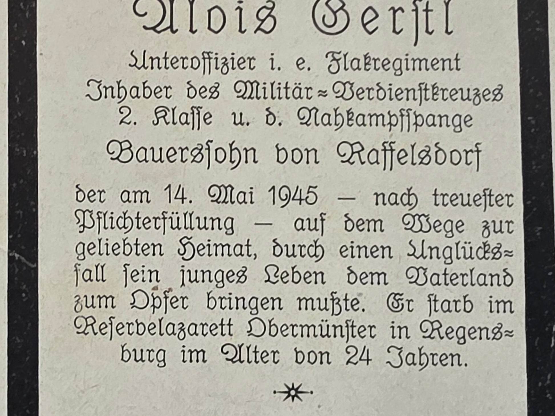 Sterbebild Unteroffizier Raffelsdorf Flak-Regt. NKS Lazarett Obermünster Regensburg - www.mmilitaria.com
