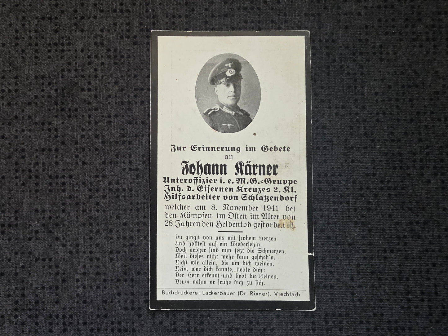 Sterbebild Unteroffizier Schlatzendorf MG Truppe Osten - www.mmilitaria.com