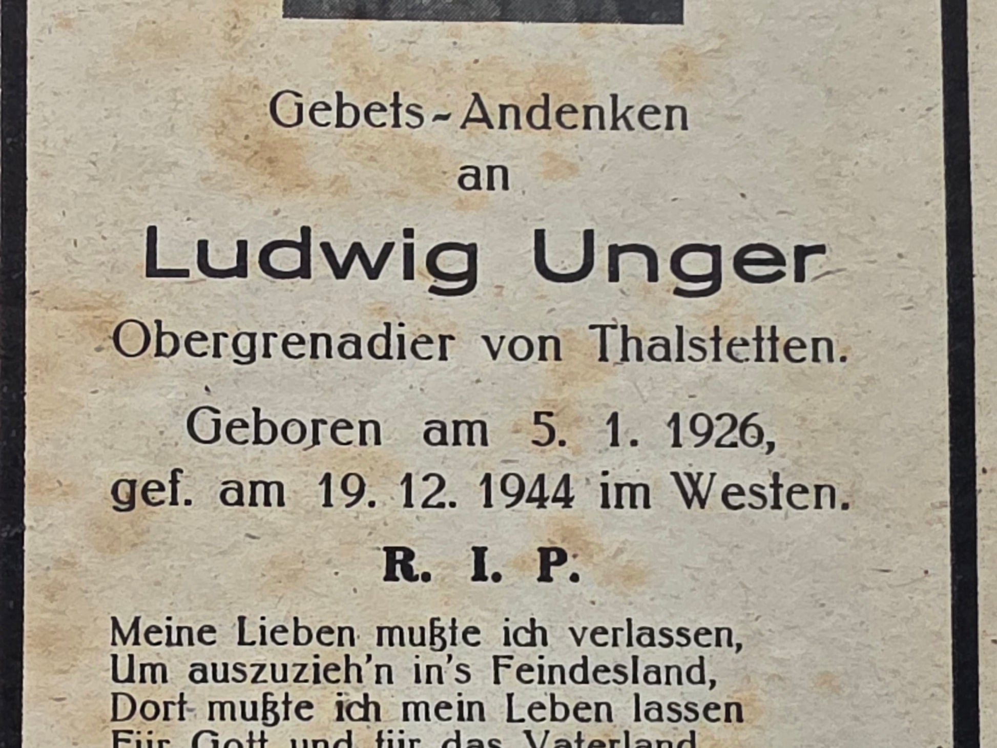 Sterbebild Obergrenadier Thalstetten Ardennen Westen Belgien Stadkyll - www.mmilitaria.com